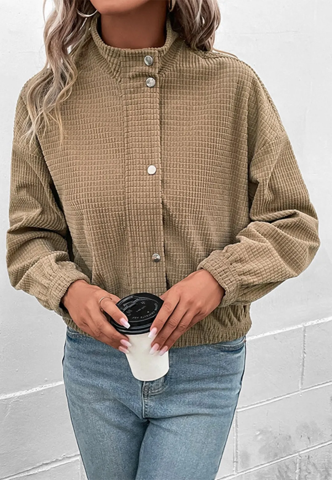 Waffle Neck Zip-Up Button Jacket sold by Anna-Kaci product image thumbnail 3