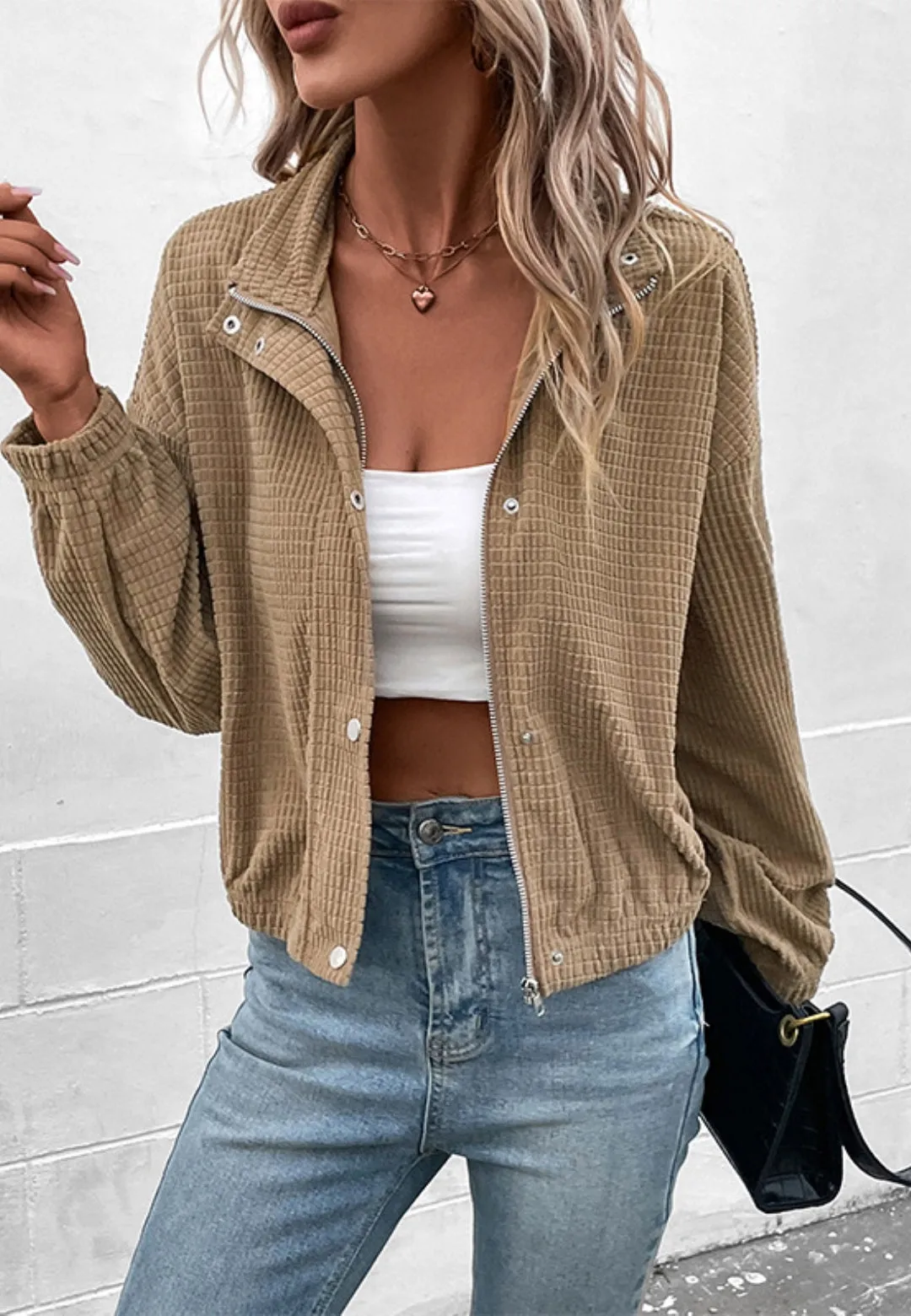 Waffle Neck Zip-Up Button Jacket sold by Anna-Kaci