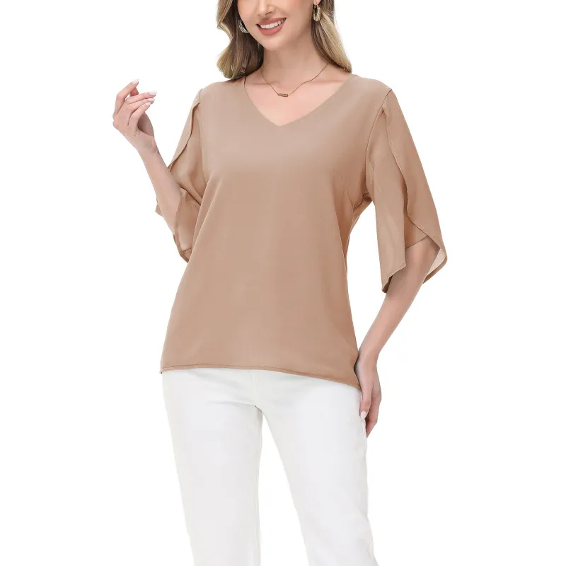 Anna-Kaci Women's V-Neck Flutter Sleeve Blouse with Shoulder Slit Detail and Relaxed Lightweight Fit sold by Anna-Kaci