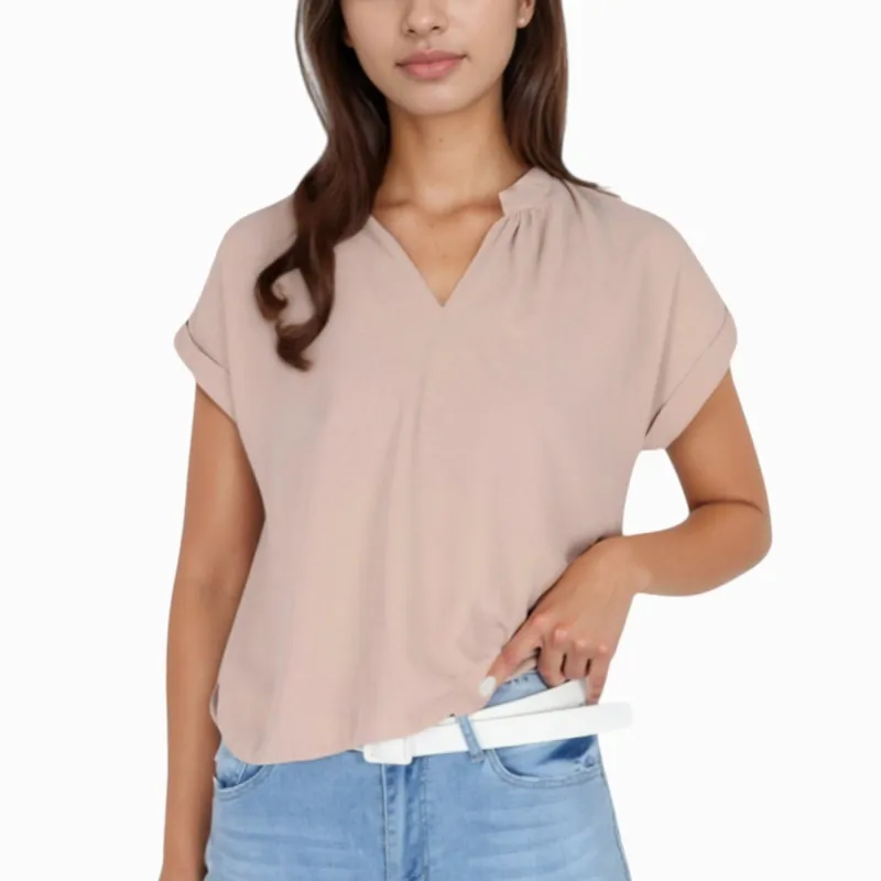 Anna-Kaci Women's V-Neck Short Sleeve Blouse with Rolled Cuffs and Soft Pleated Collar Detail - Small, Green sold by Anna-Kaci