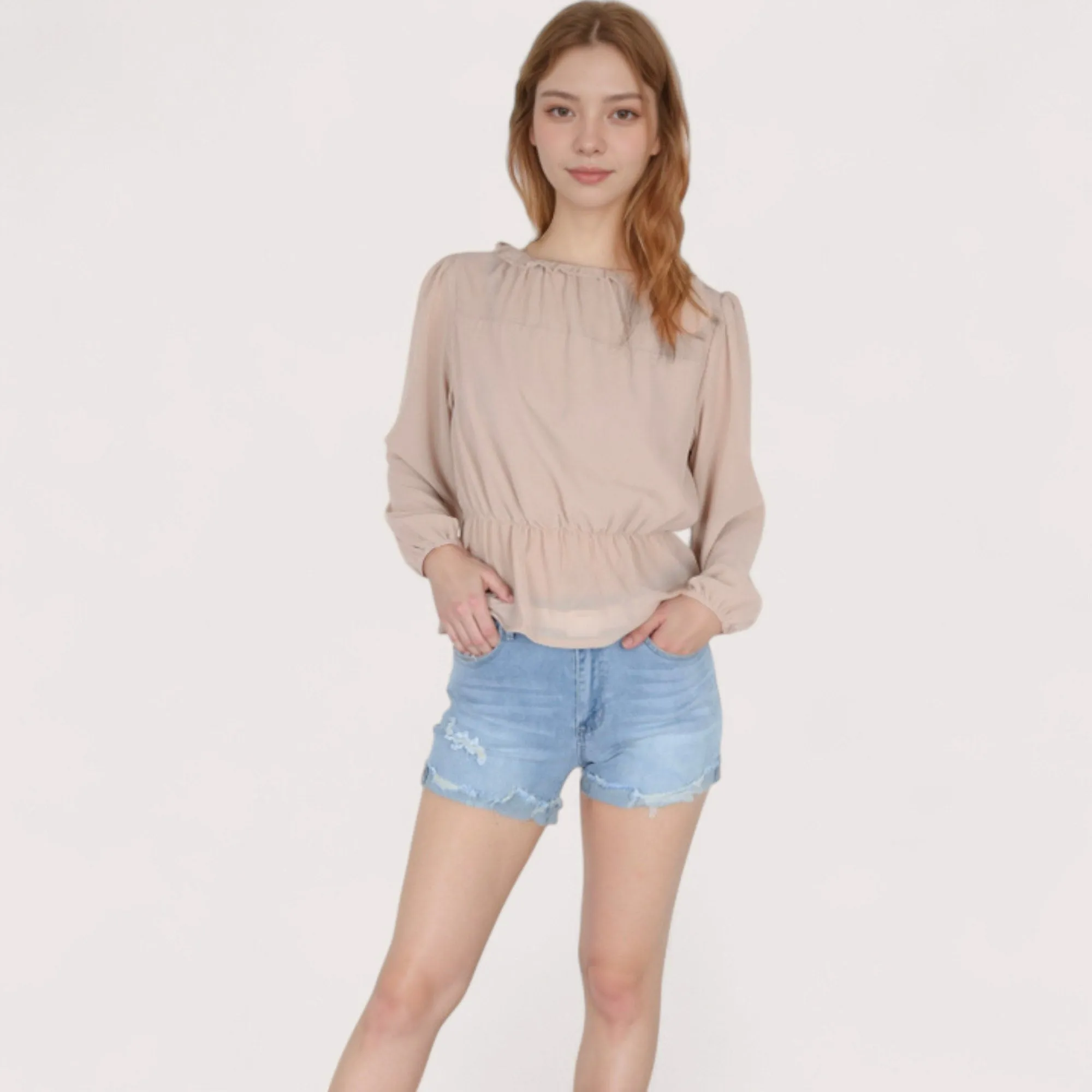 Anna-Kaci Women's Sheer Yoke Long Sleeve Blouse with Ruffle Neckline and Cinched Waist Detail - Small, Green sold by Anna-Kaci product image thumbnail 4