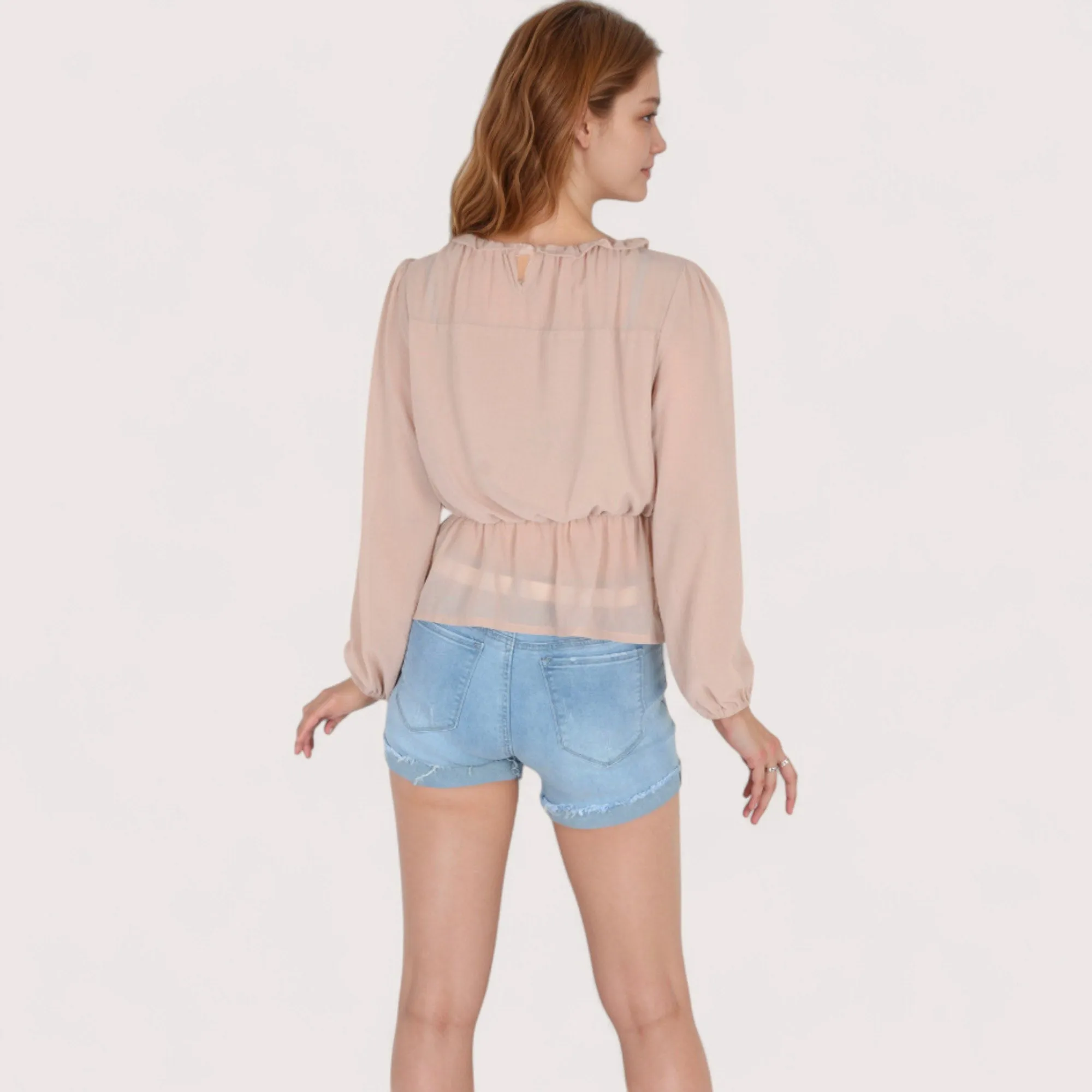 Anna-Kaci Women's Sheer Yoke Long Sleeve Blouse with Ruffle Neckline and Cinched Waist Detail - Small, Green sold by Anna-Kaci product image thumbnail 5