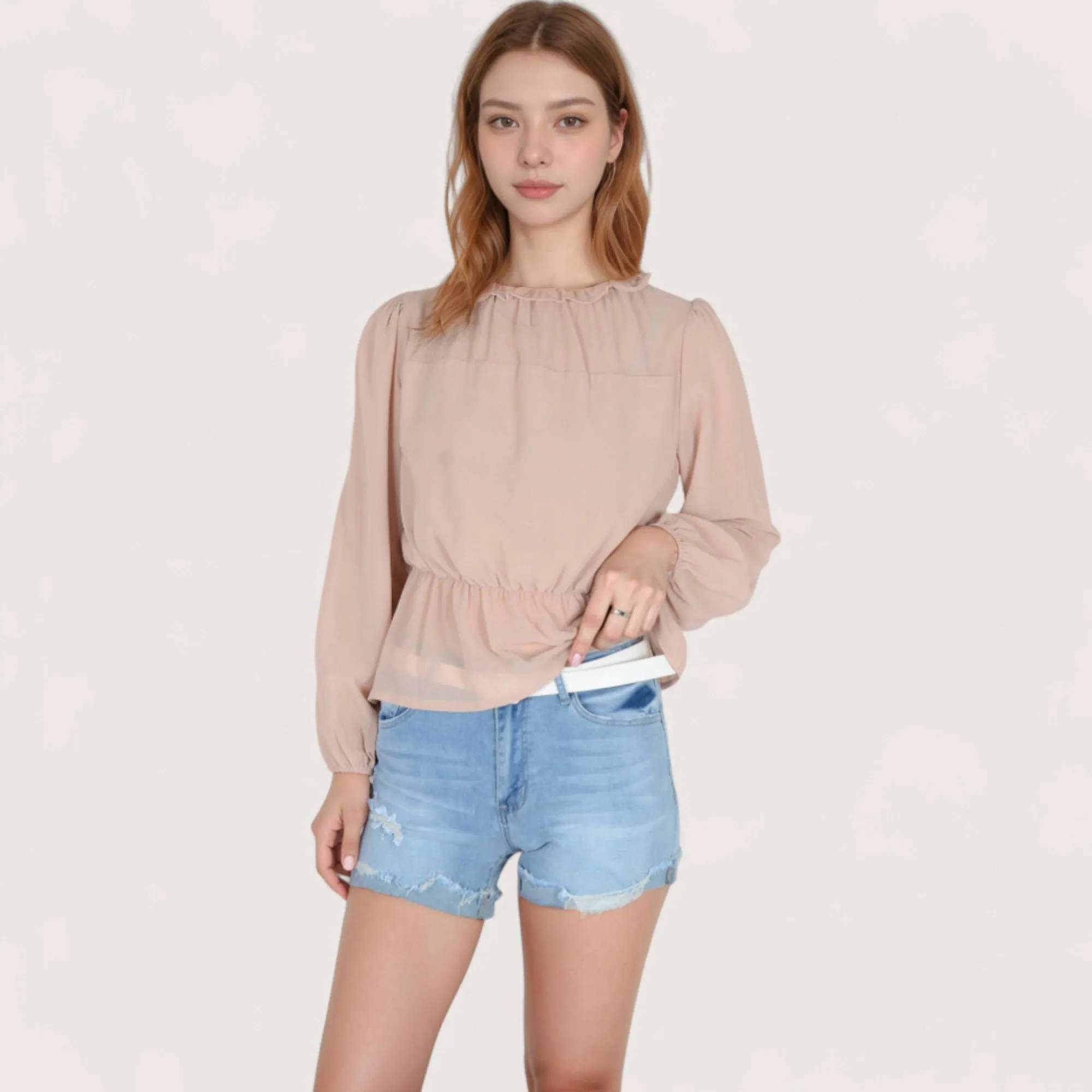 Anna-Kaci Women's Sheer Yoke Long Sleeve Blouse with Ruffle Neckline and Cinched Waist Detail - Small, Green sold by Anna-Kaci product image thumbnail 2