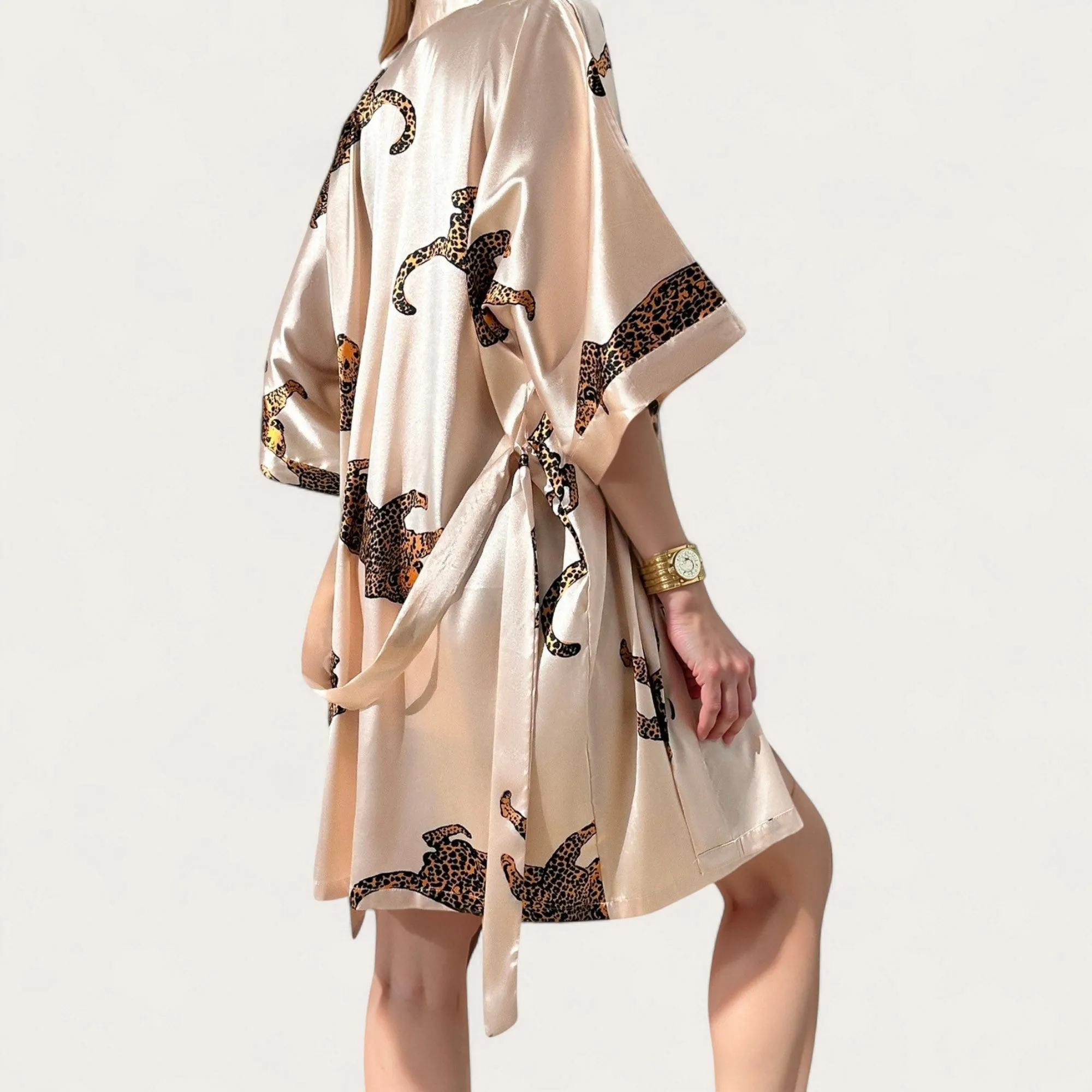 Anna-Kaci Lounge Women's Satin Short Robe with Bold Leopard Print and Waist Tie Kimono Sleeves sold by Anna-Kaci product image thumbnail 5