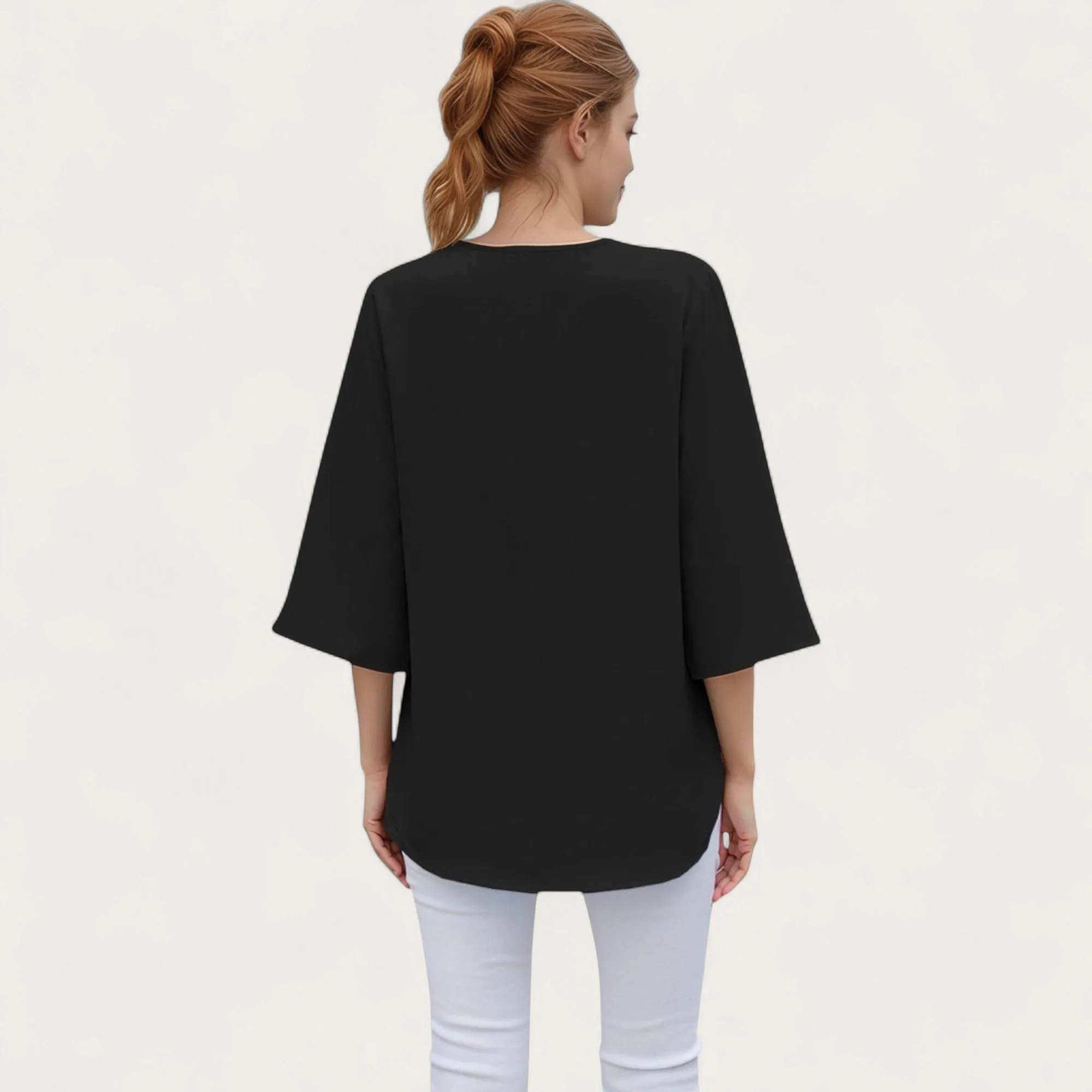 Anna-Kaci Women's V-Neck Blouse with Lace Trim Detail and 3/4 Split Sleeves Relaxed Fit sold by Anna-Kaci product image thumbnail 5