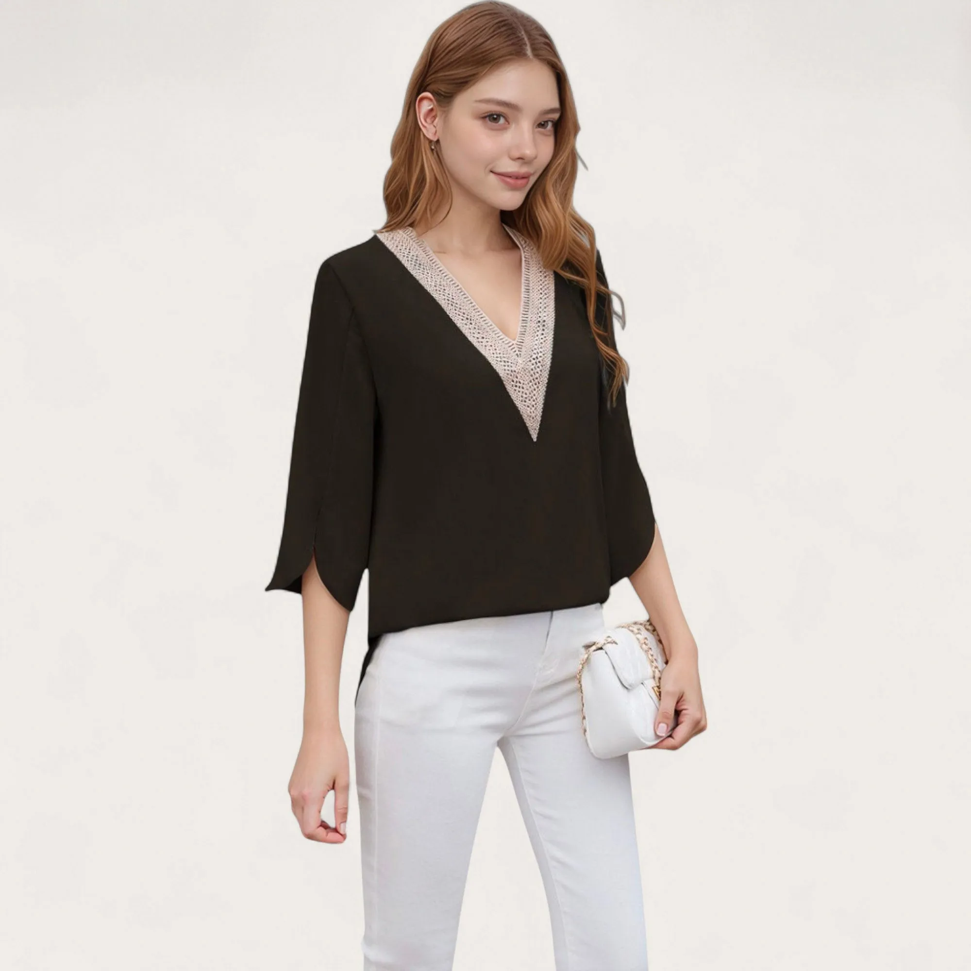 Anna-Kaci Women's V-Neck Blouse with Lace Trim Detail and 3/4 Split Sleeves Relaxed Fit sold by Anna-Kaci product image thumbnail 3