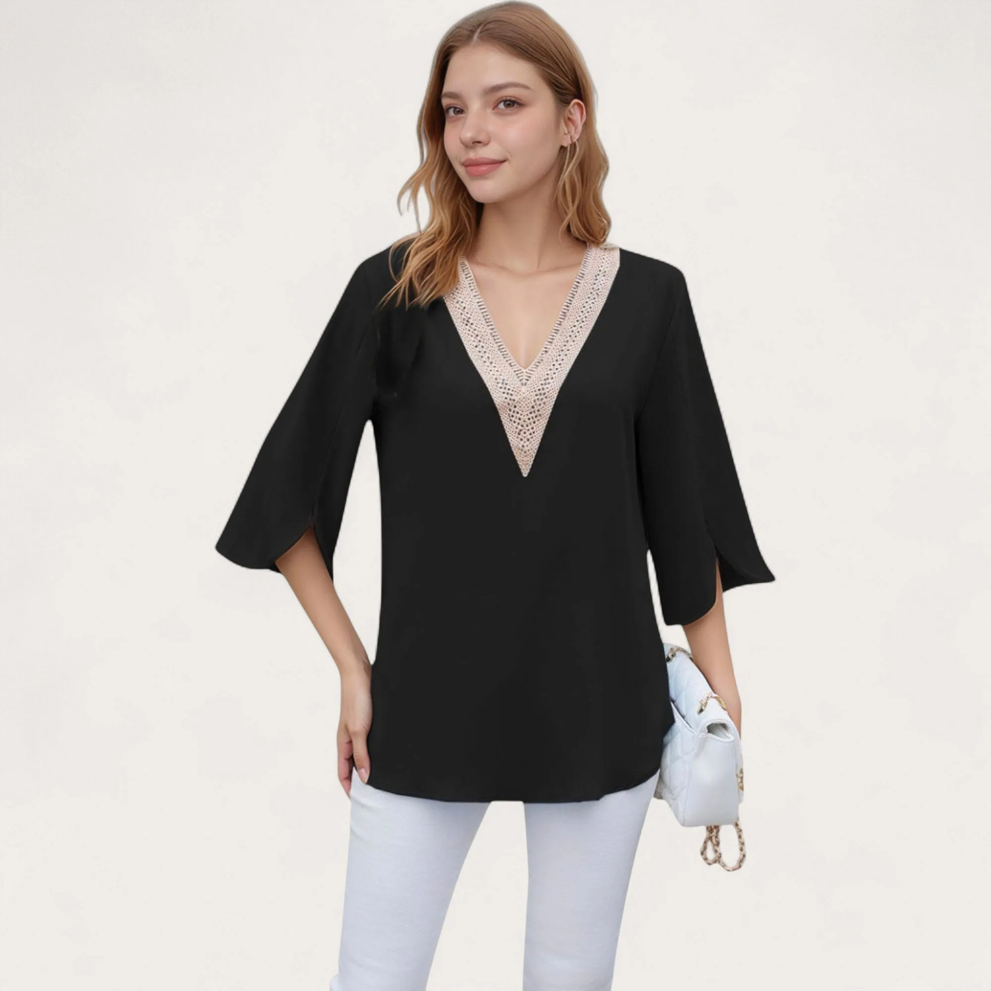 Anna-Kaci Women's V-Neck Blouse with Lace Trim Detail and 3/4 Split Sleeves Relaxed Fit sold by Anna-Kaci product image thumbnail 4