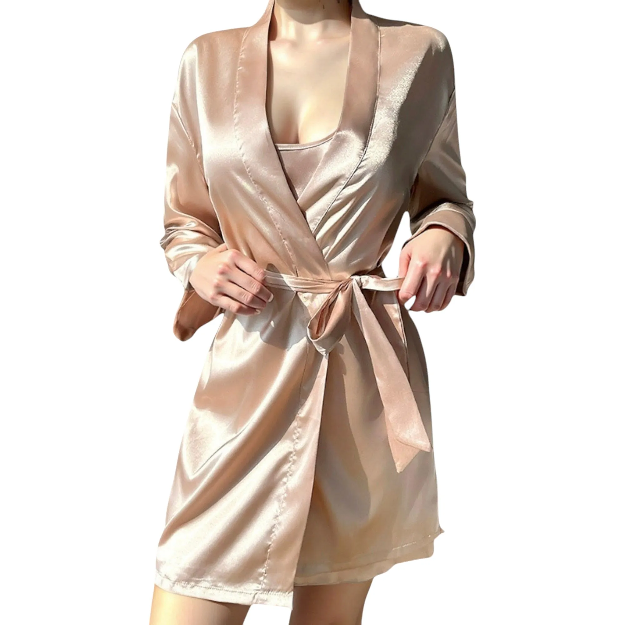 Anna-Kaci Lounge Women's Satin Short Robe with Matching Slip Lingerie Set and Waist Tie Shawl Collar sold by Anna-Kaci