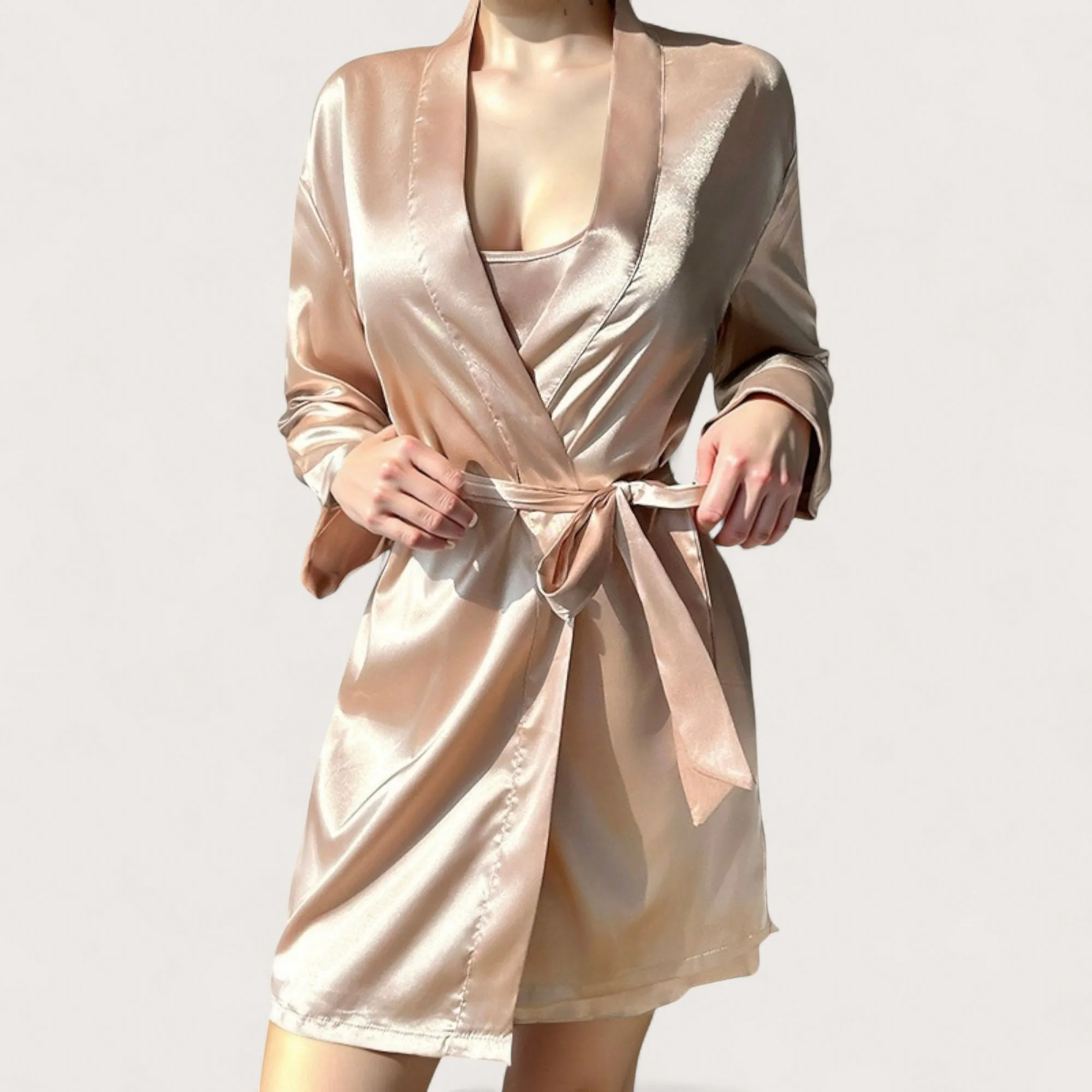 Anna-Kaci Lounge Women's Satin Short Robe with Matching Slip Lingerie Set and Waist Tie Shawl Collar sold by Anna-Kaci product image thumbnail 2