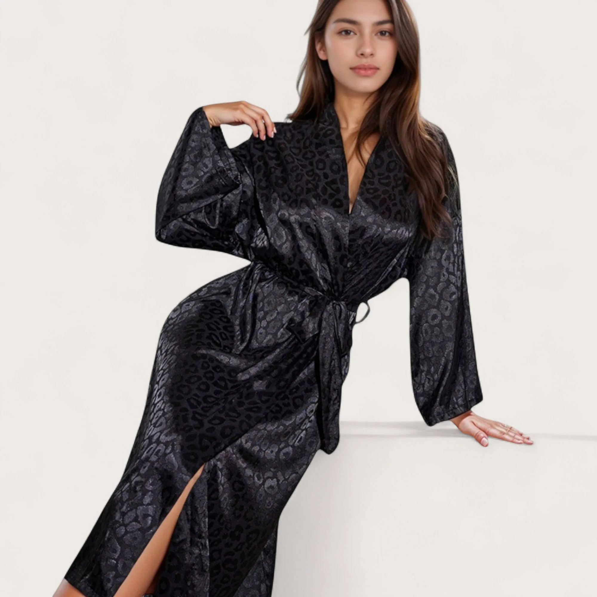 Anna-Kaci Lounge Women's Satin Leopard Print Long Robe with Waist Tie and Kimono Sleeves sold by Anna-Kaci product image thumbnail 4