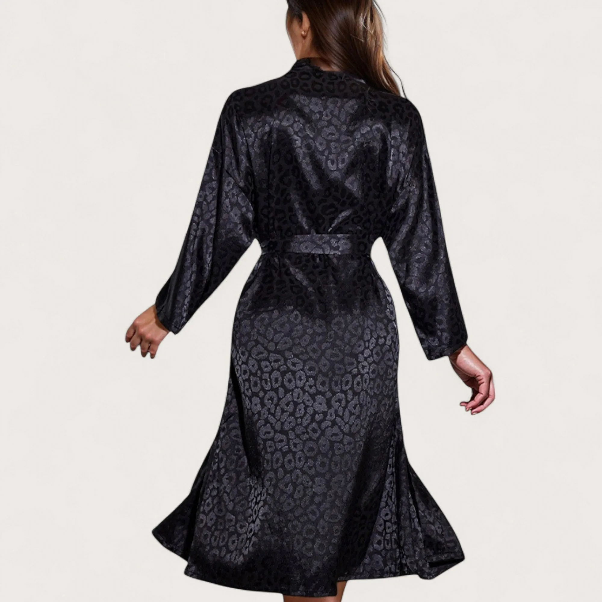 Anna-Kaci Lounge Women's Satin Leopard Print Long Robe with Waist Tie and Kimono Sleeves sold by Anna-Kaci product image thumbnail 5