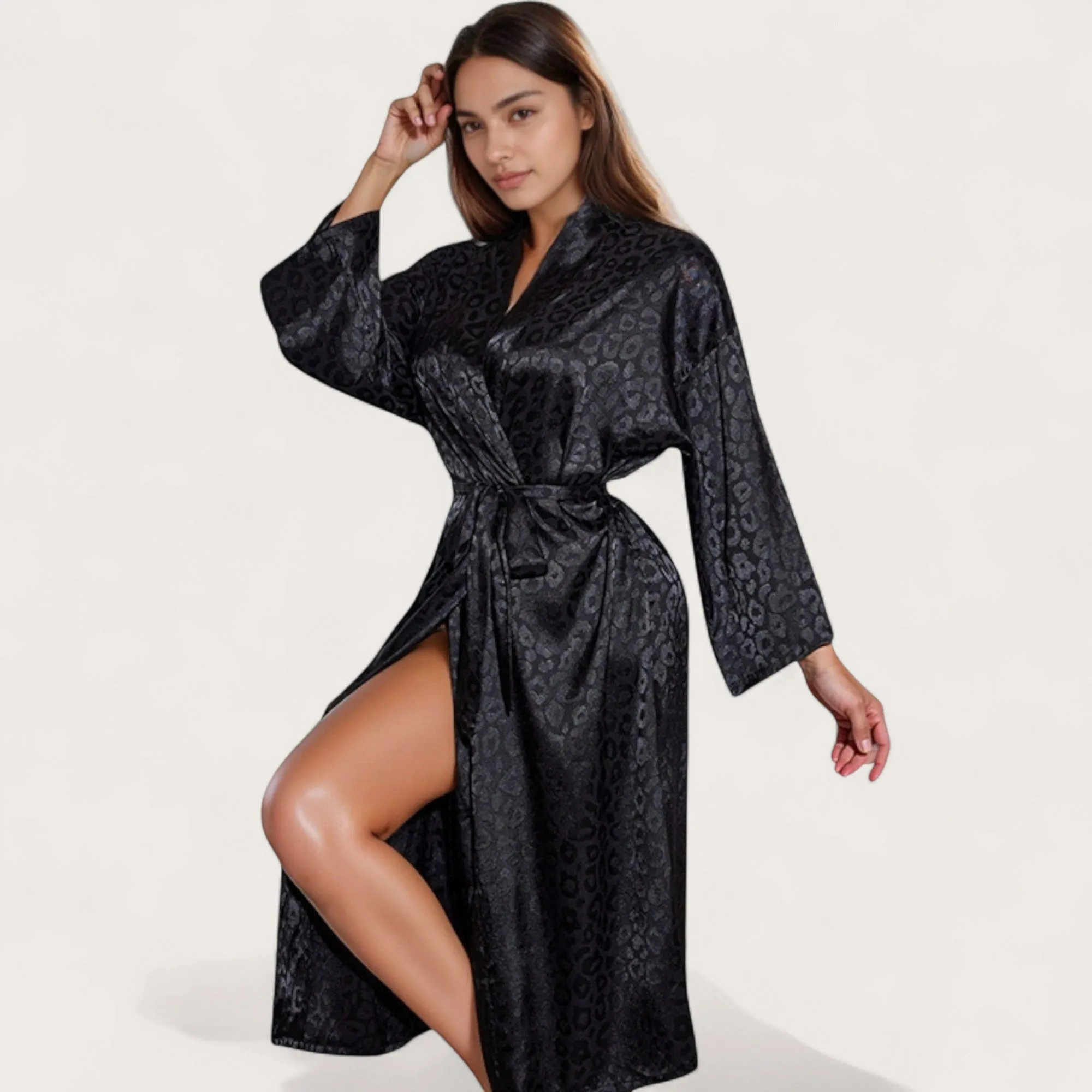 Anna-Kaci Lounge Women's Satin Leopard Print Long Robe with Waist Tie and Kimono Sleeves sold by Anna-Kaci product image thumbnail 2