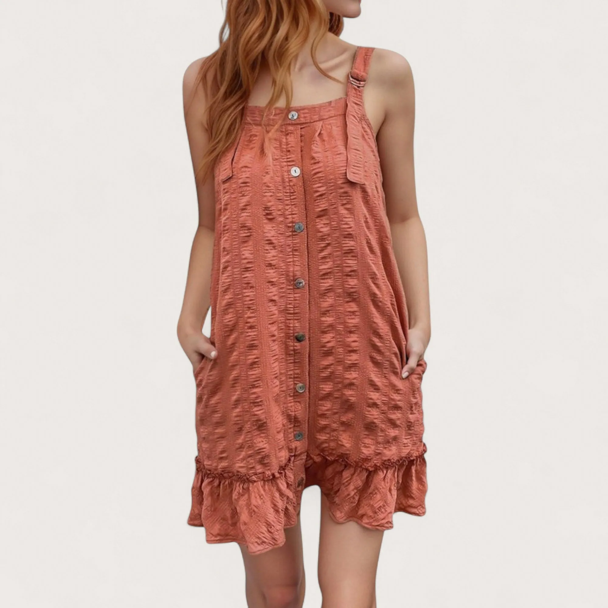 Anna-Kaci Women's Textured Button Front Overall Dress with Adjustable Straps and Ruffle Hem Detail sold by Anna-Kaci product image thumbnail 4