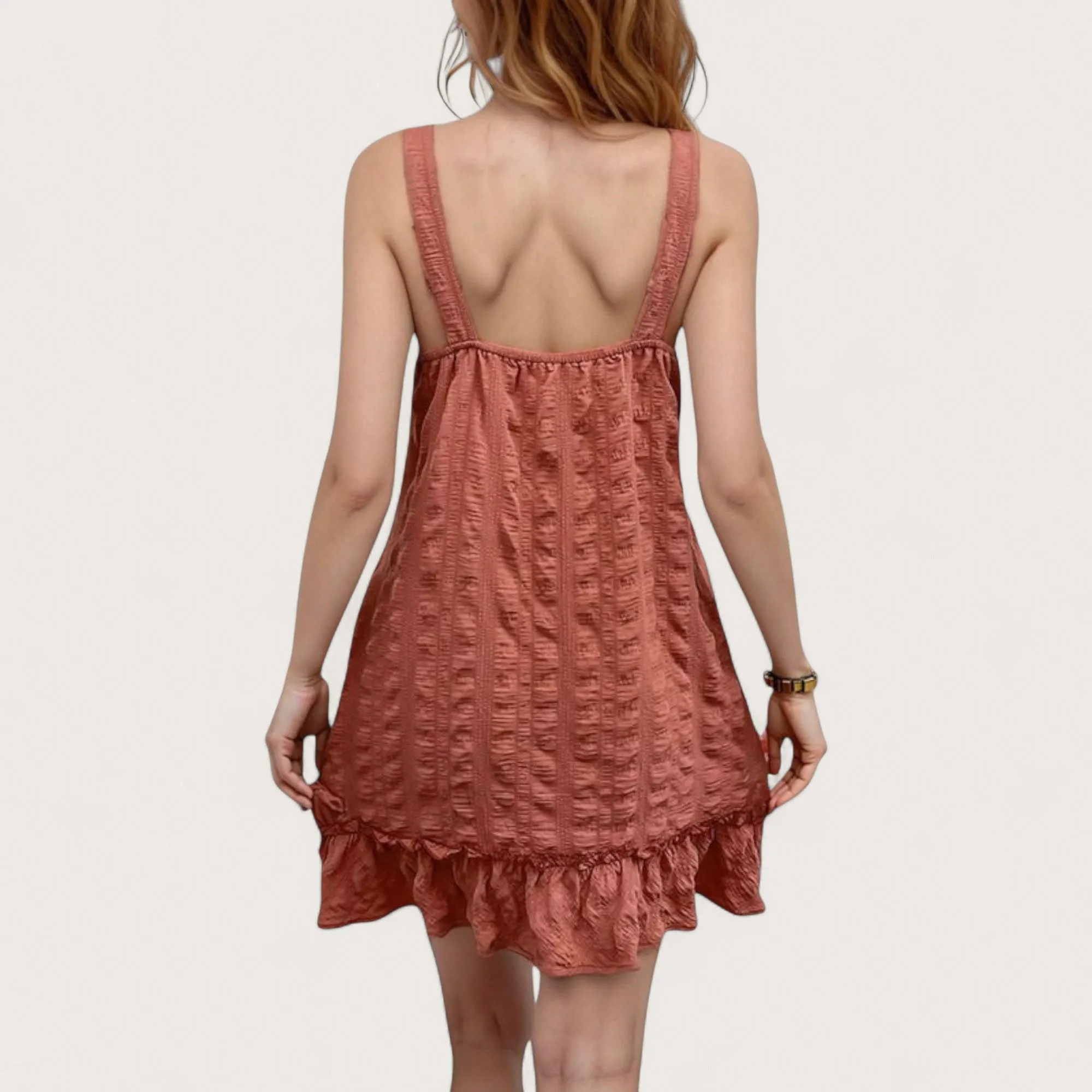 Anna-Kaci Women's Textured Button Front Overall Dress with Adjustable Straps and Ruffle Hem Detail sold by Anna-Kaci product image thumbnail 5