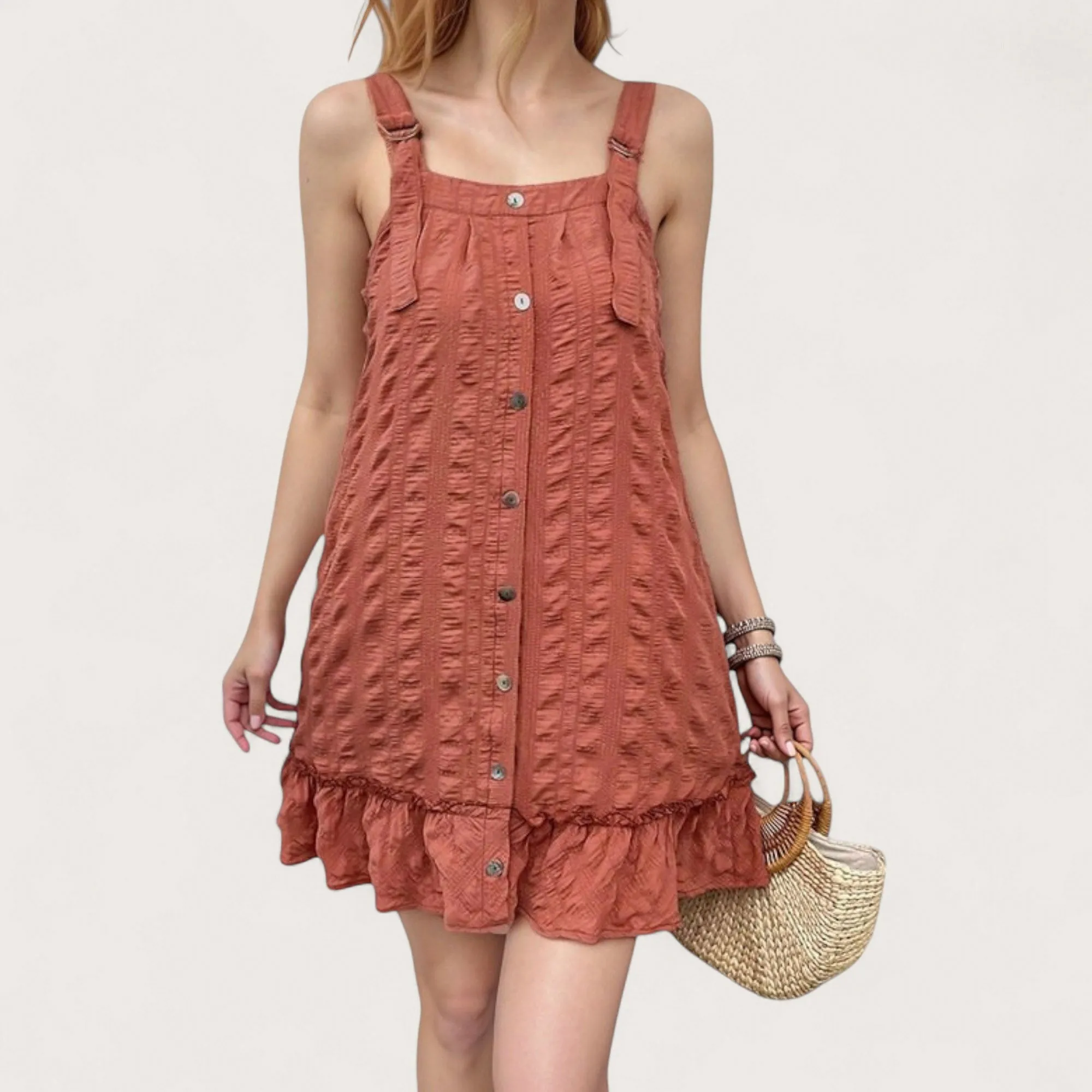 Anna-Kaci Women's Textured Button Front Overall Dress with Adjustable Straps and Ruffle Hem Detail sold by Anna-Kaci product image thumbnail 2