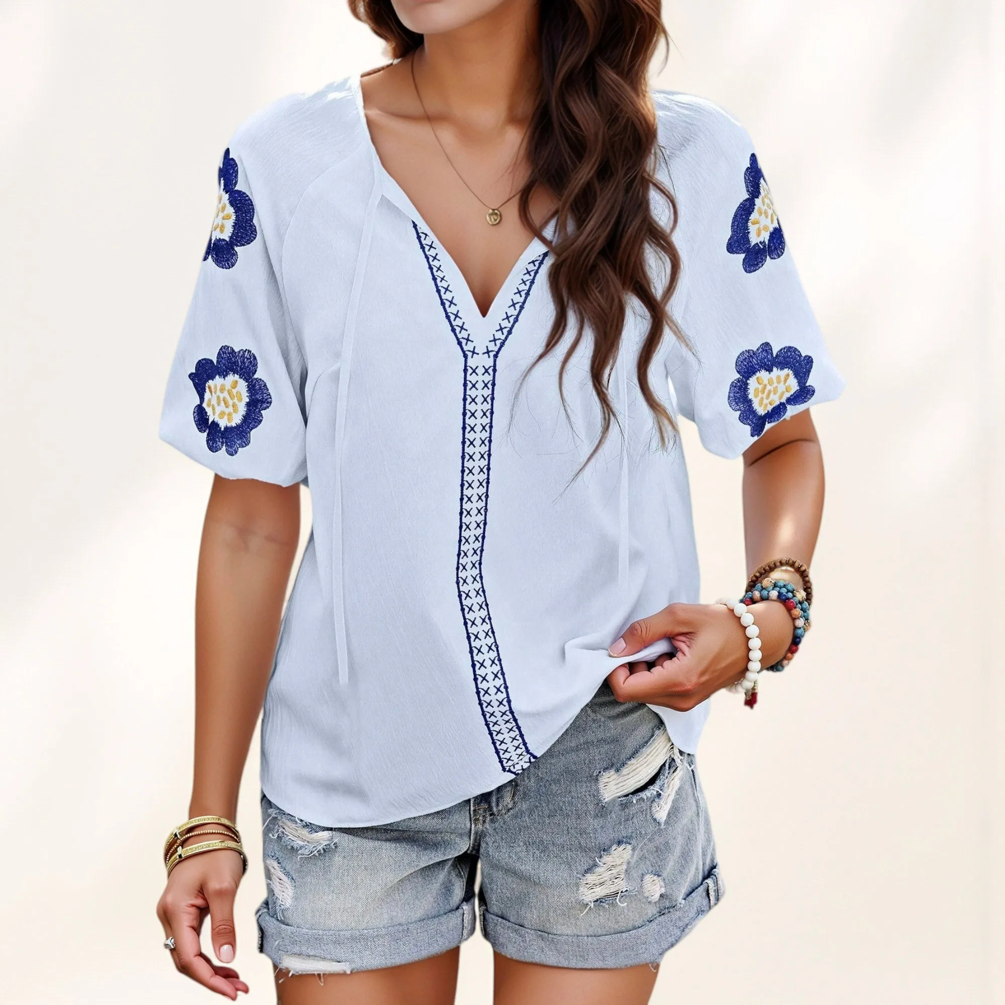 Anna-Kaci Women's Embroidered Short Sleeve Blouse with Floral Motif and Split V-Neck Detail for Casual Summer Style sold by Anna-Kaci product image thumbnail 2