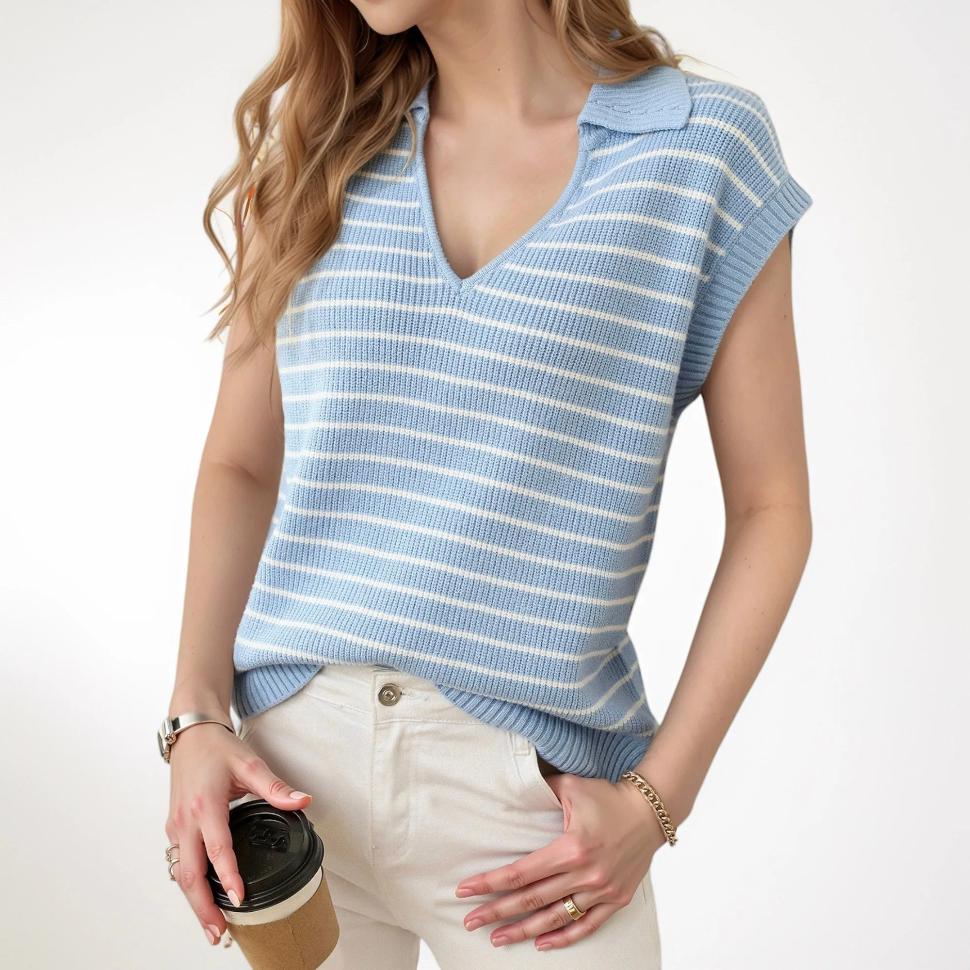 Anna-Kaci Women's Striped Collared Sleeveless Knit Top with Deep V-Neck and Ribbed Hem Detailing sold by Anna-Kaci product image thumbnail 3