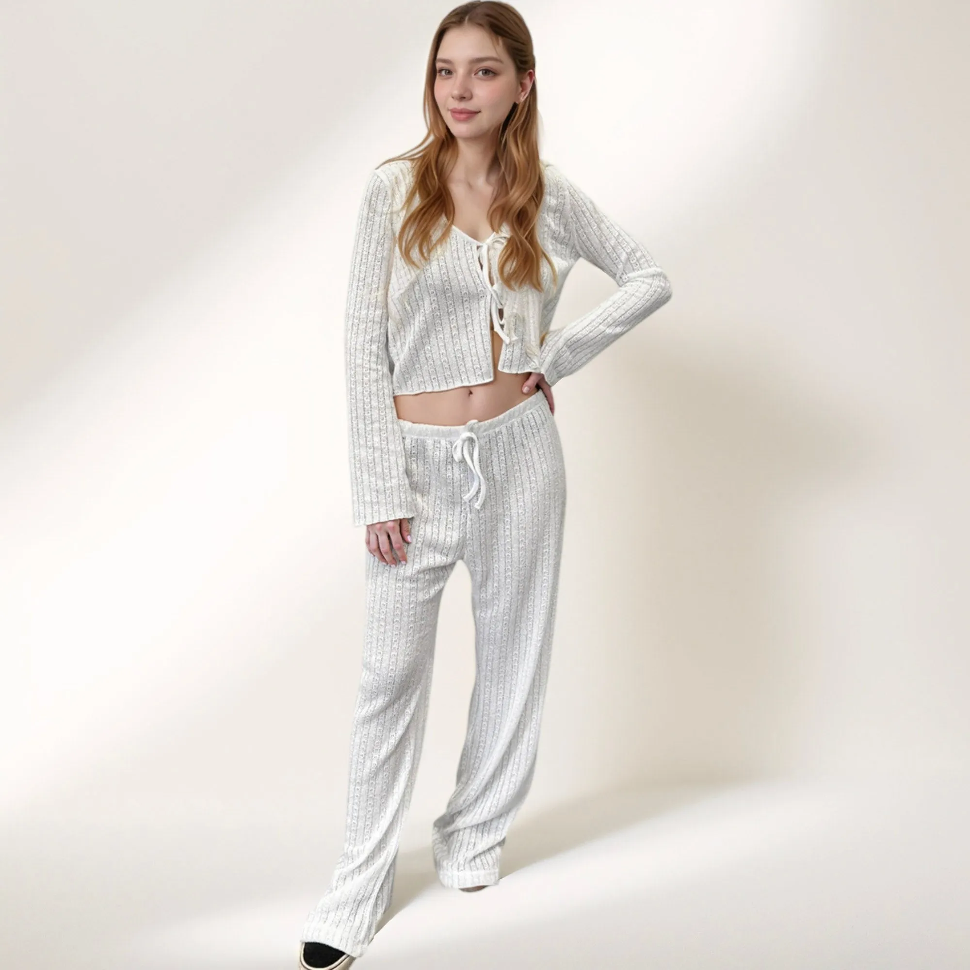 Anna-Kaci Lounge Women's Ribbed Knit Lounge Set with Tie Front Long Sleeve Top and Drawstring Pants sold by Anna-Kaci product image thumbnail 5