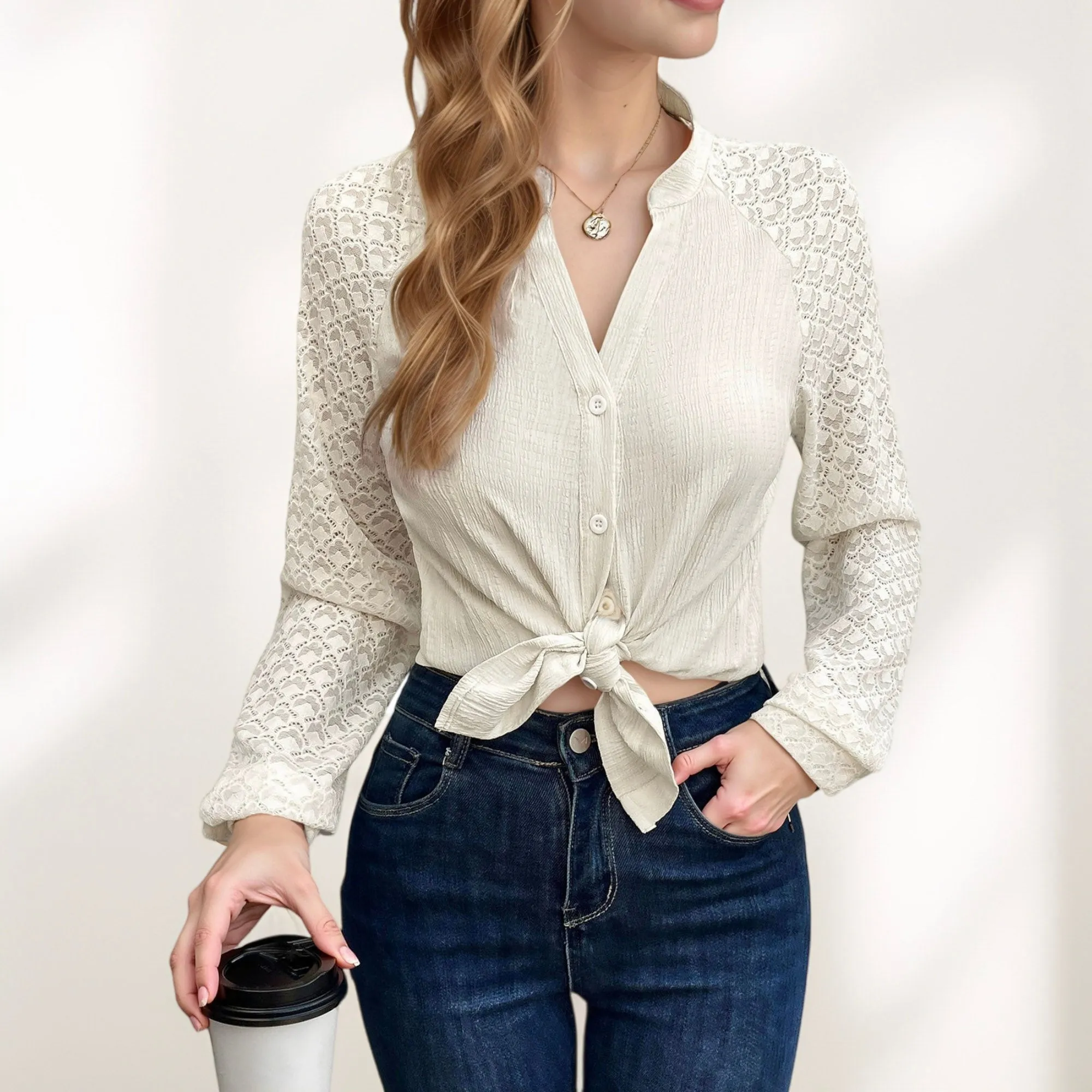 Anna-Kaci Women's Button-Down Shirt with Textured Body and Long Lace Sleeves sold by Anna-Kaci product image thumbnail 4