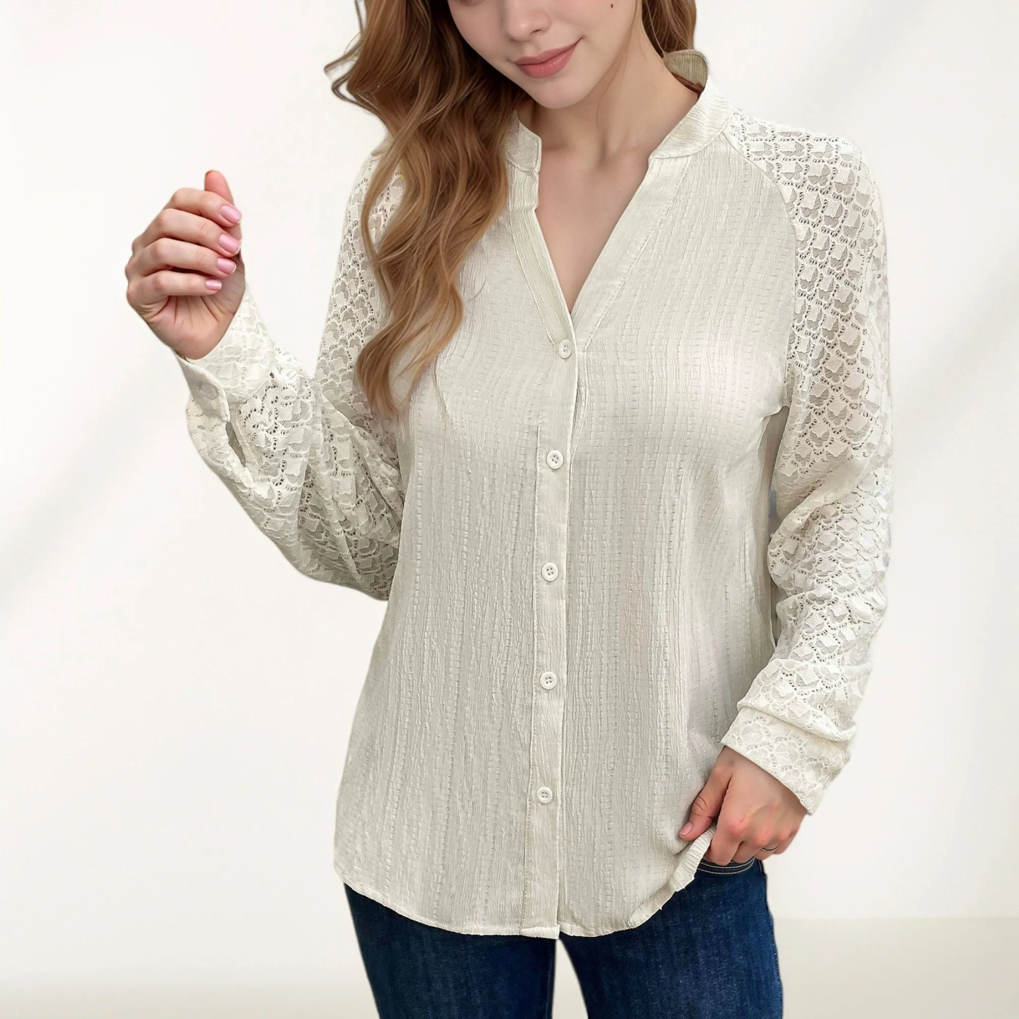 Anna-Kaci Women's Button-Down Shirt with Textured Body and Long Lace Sleeves sold by Anna-Kaci product image thumbnail 2