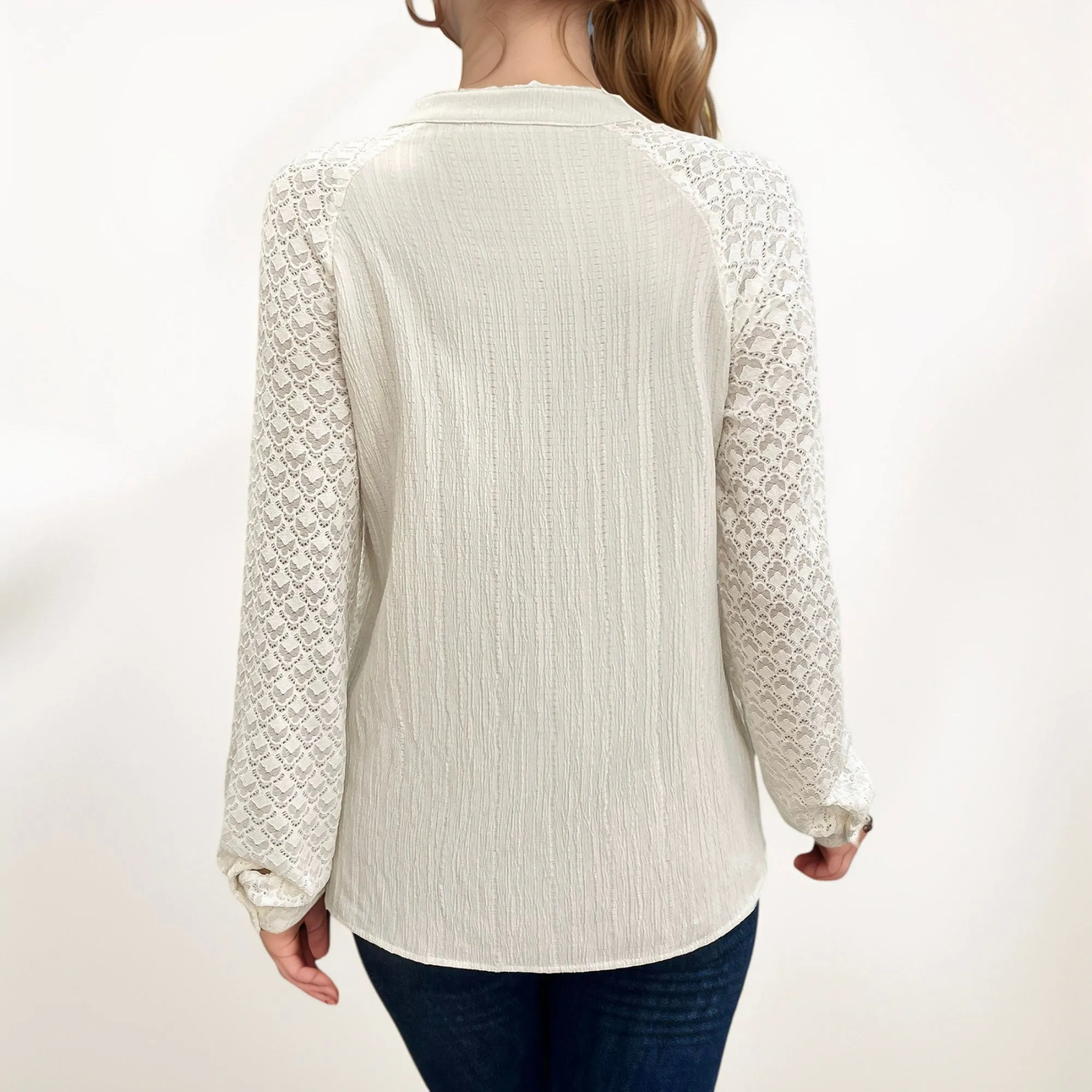 Anna-Kaci Women's Button-Down Shirt with Textured Body and Long Lace Sleeves sold by Anna-Kaci product image thumbnail 5