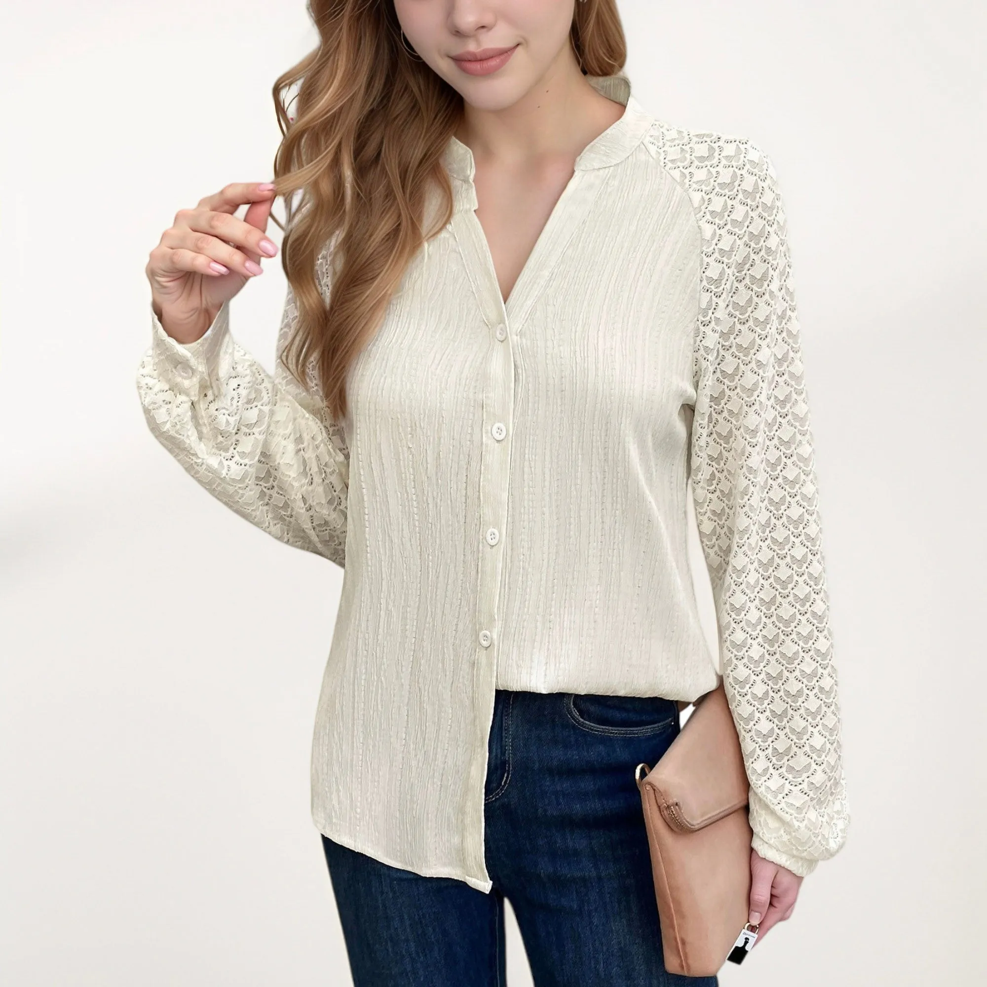 Anna-Kaci Women's Button-Down Shirt with Textured Body and Long Lace Sleeves sold by Anna-Kaci product image thumbnail 3