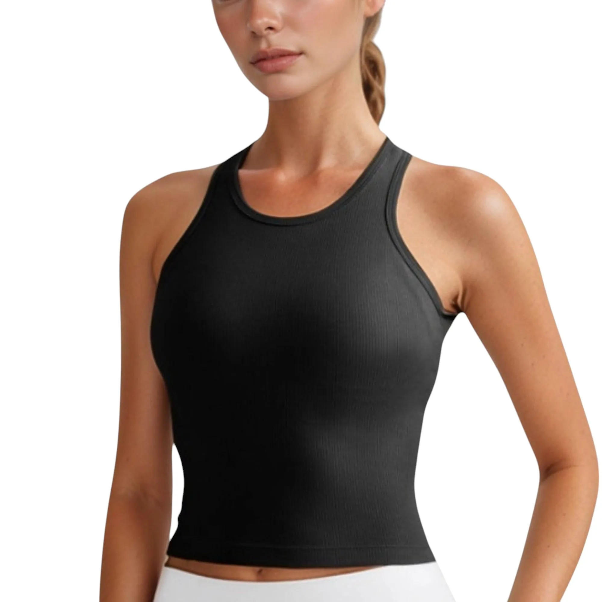 Anna-Kaci Active Women's Ribbed Black High Neck Crop Tank Top for Active and Casual Wear sold by Anna-Kaci