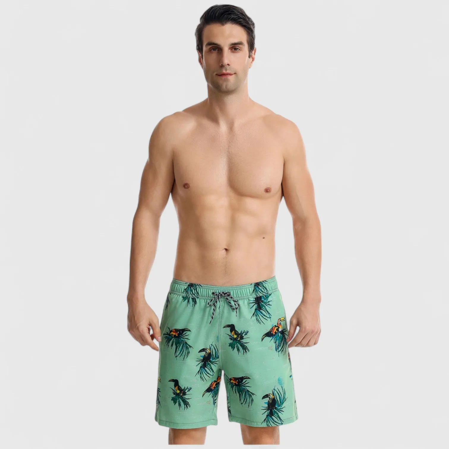 Anna-Kaci Men's Toucan Print Swim Shorts with Tropical Leaf Pattern and Adjustable Drawstring Waist sold by Anna-Kaci product image thumbnail 5