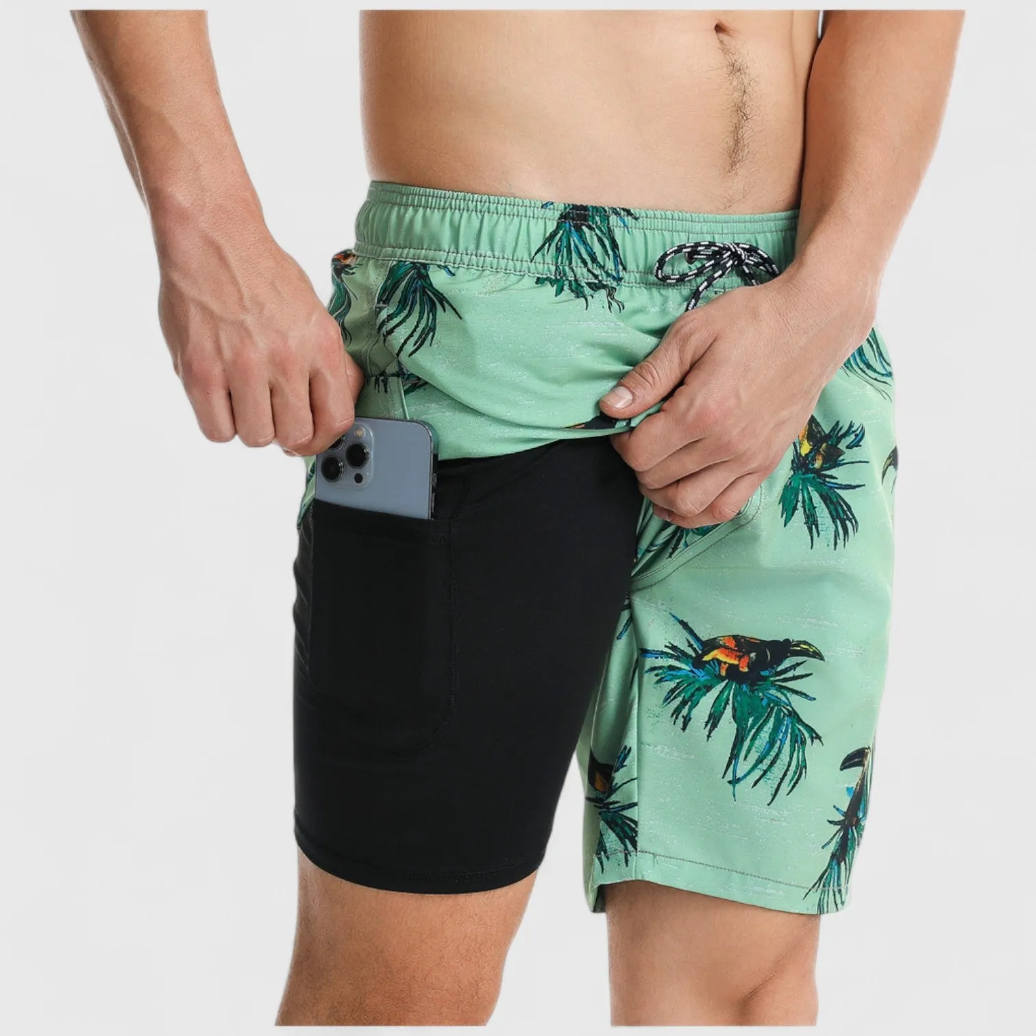 Anna-Kaci Men's Toucan Print Swim Shorts with Tropical Leaf Pattern and Adjustable Drawstring Waist sold by Anna-Kaci product image thumbnail 2