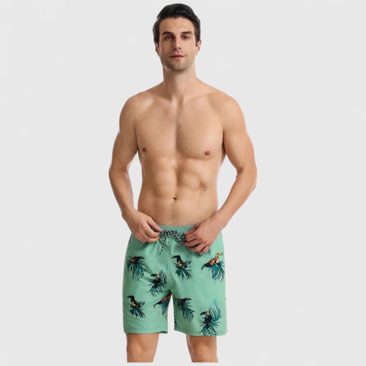 Anna-Kaci Men's Toucan Print Swim Shorts with Tropical Leaf Pattern and Adjustable Drawstring Waist sold by Anna-Kaci product image thumbnail 3