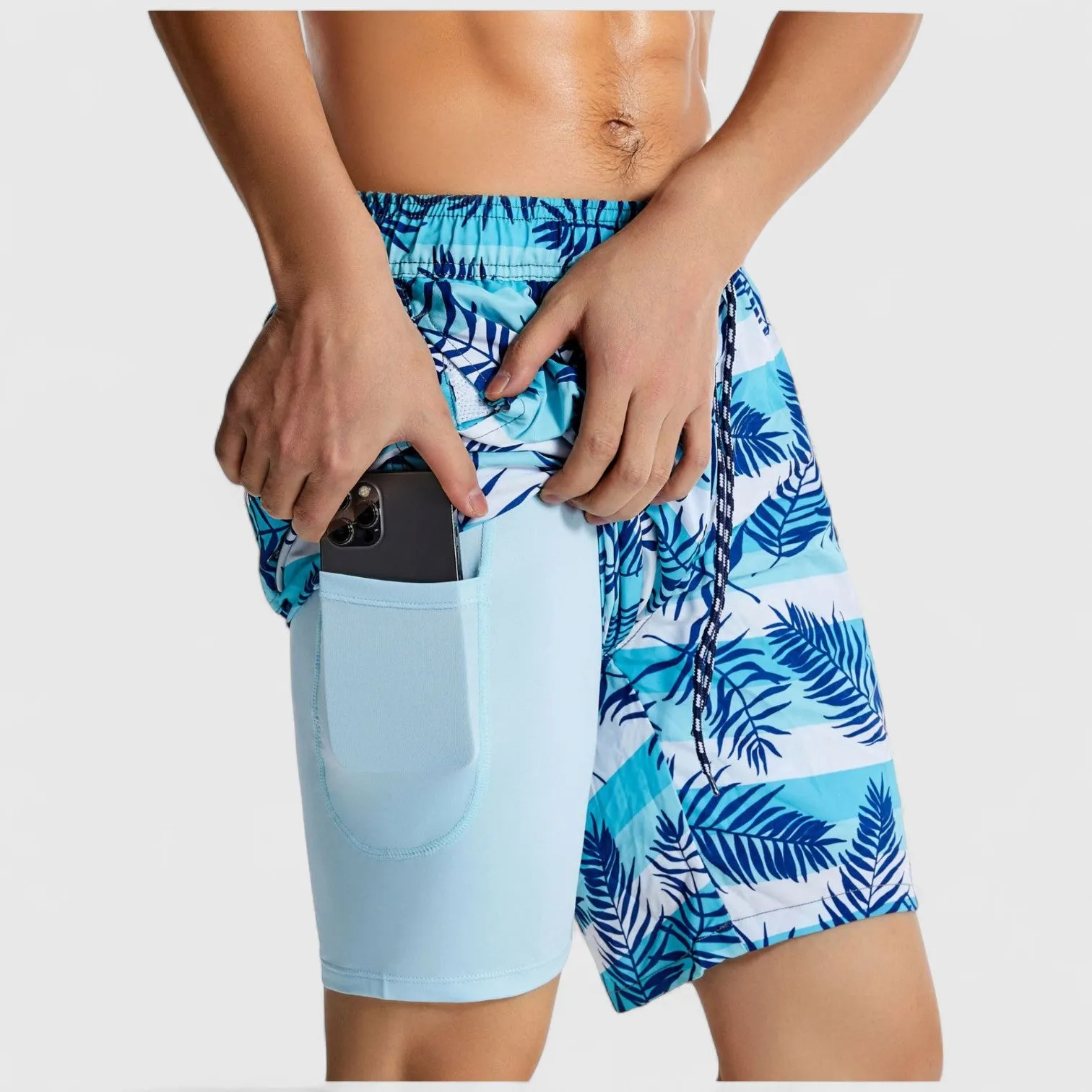 Anna-Kaci Men's Palm Leaf Print Swim Shorts with Adjustable Drawstring Waist sold by Anna-Kaci product image thumbnail 3