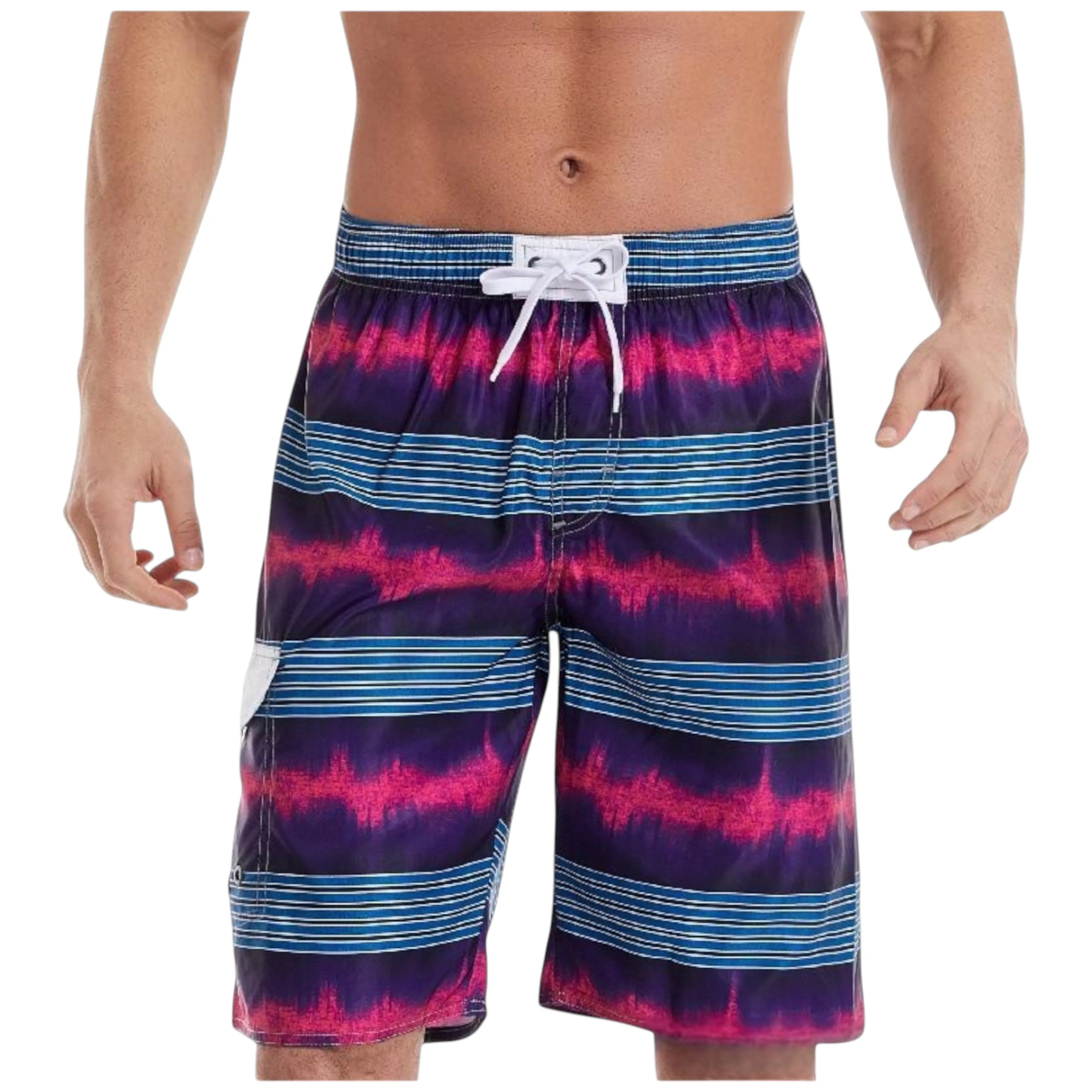 Anna-Kaci Men's Vibrant Stripe Gradient Swim Shorts with Drawstring Waist and Side Cargo Pocket sold by Anna-Kaci