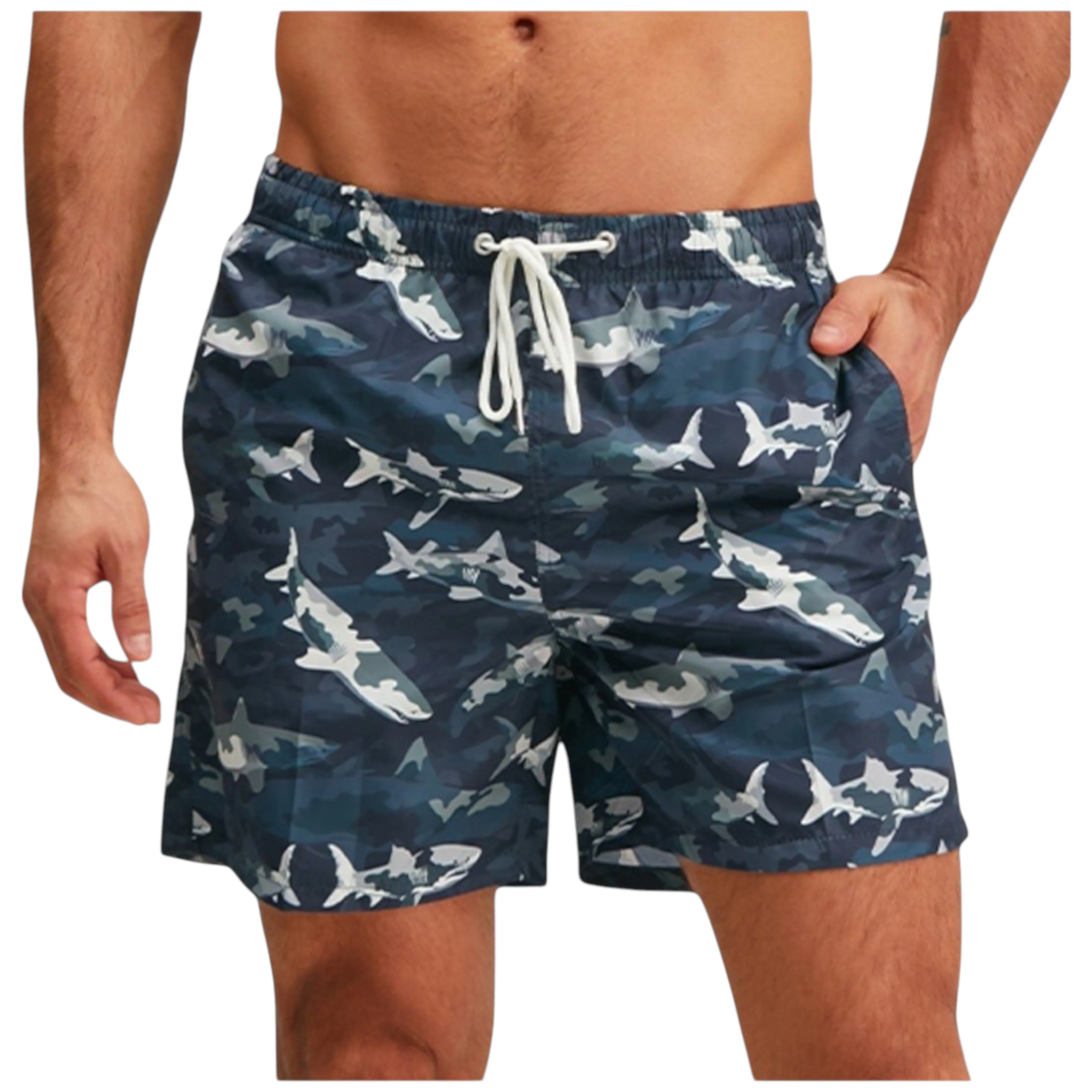 Anna-Kaci Men's Shark Camo Print Swim Trunks with Adjustable Drawstring and Side Pockets sold by Anna-Kaci