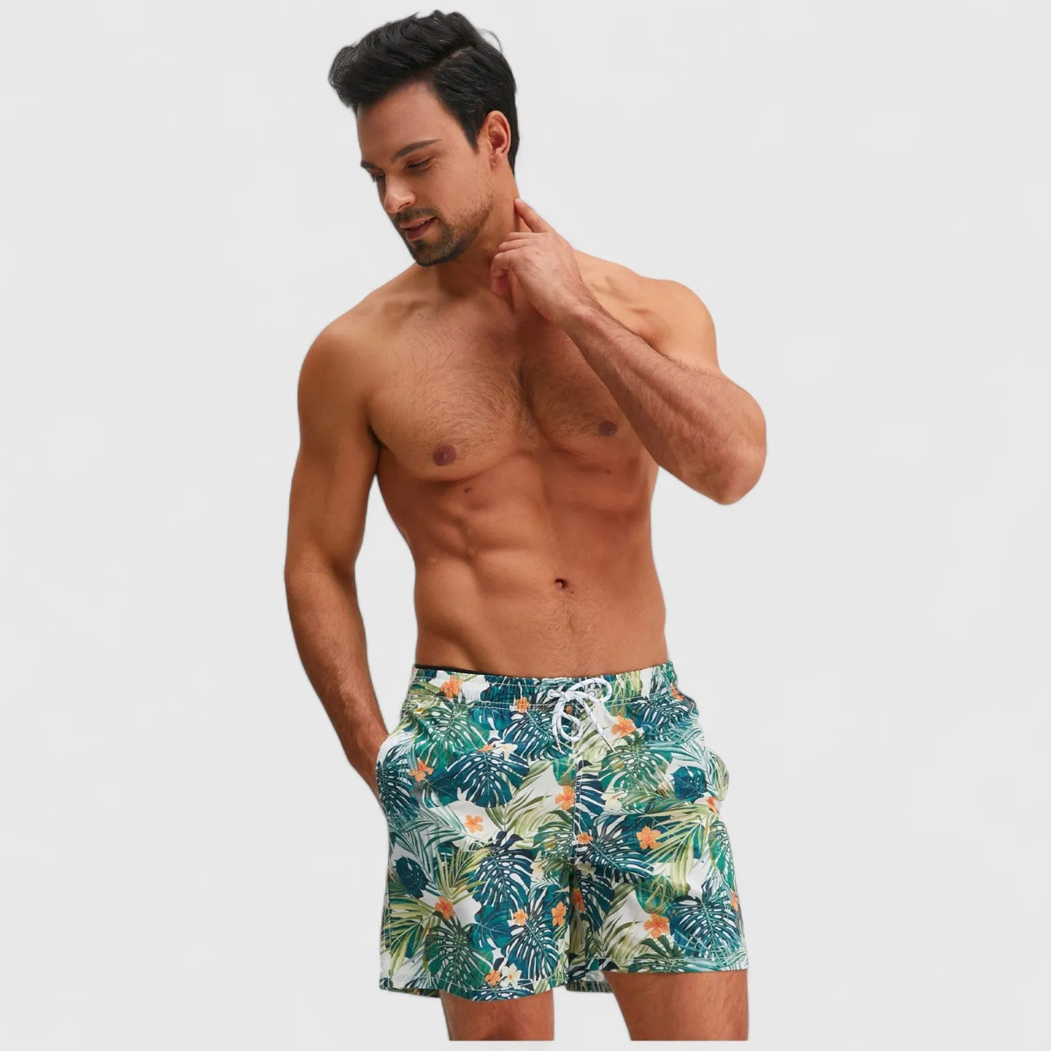 Anna-Kaci Men's Tropical Leaf Print Swim Trunks with Elastic Waistband and Mesh Lining sold by Anna-Kaci product image thumbnail 3