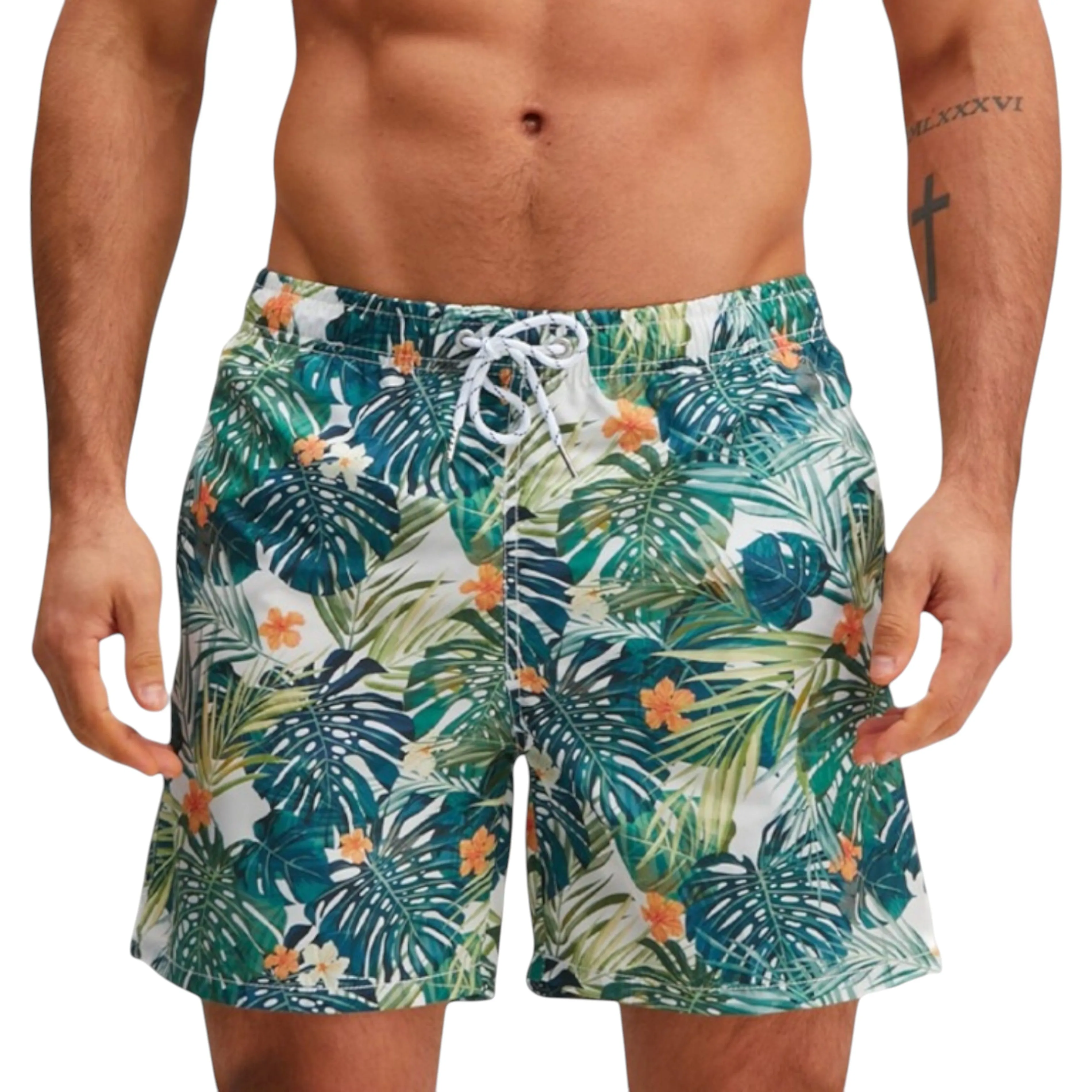 Anna-Kaci Men's Tropical Leaf Print Swim Trunks with Elastic Waistband and Mesh Lining sold by Anna-Kaci