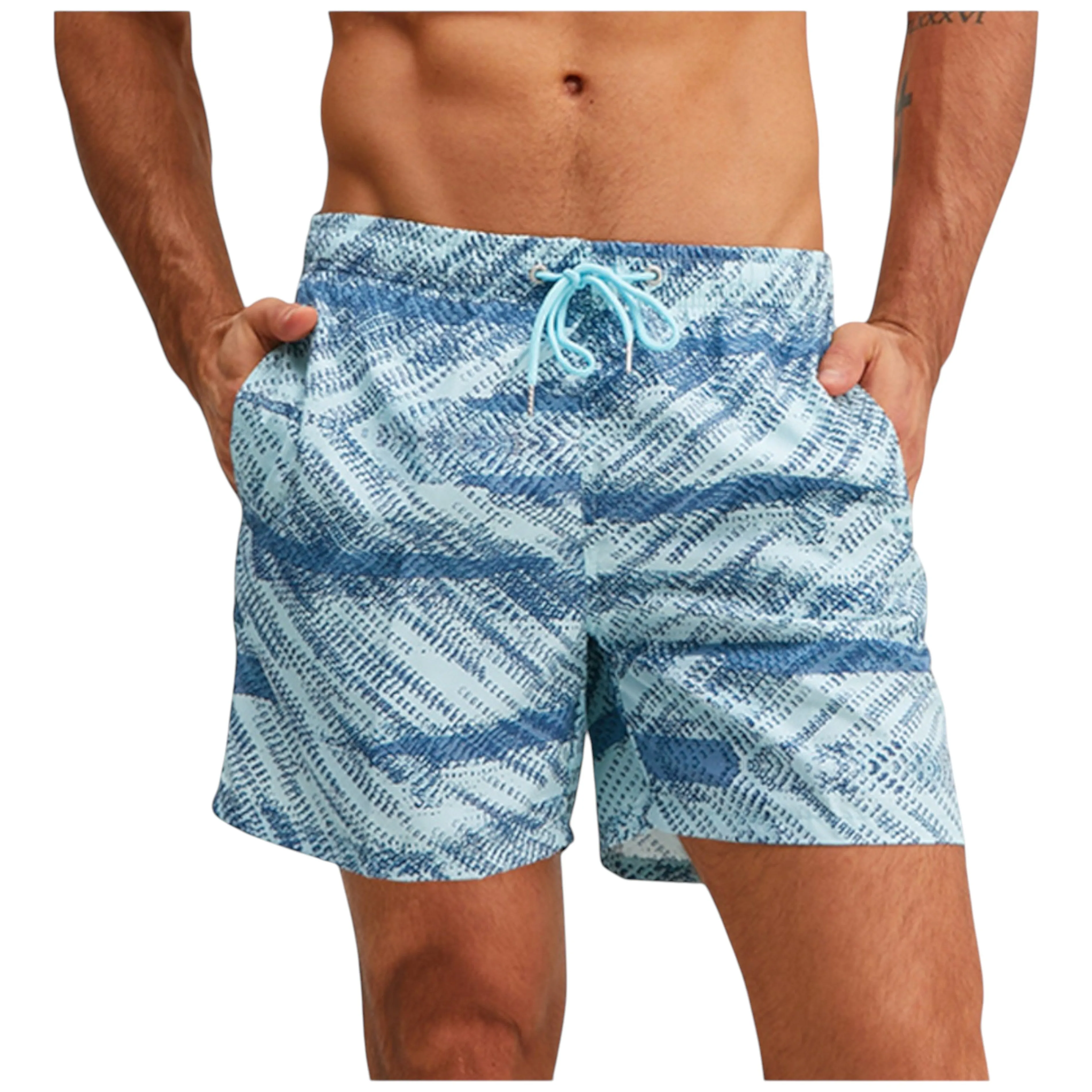 Anna-Kaci Men's Wave Stripe Print Swim Trunks with Drawstring Waist and Functional Pockets sold by Anna-Kaci