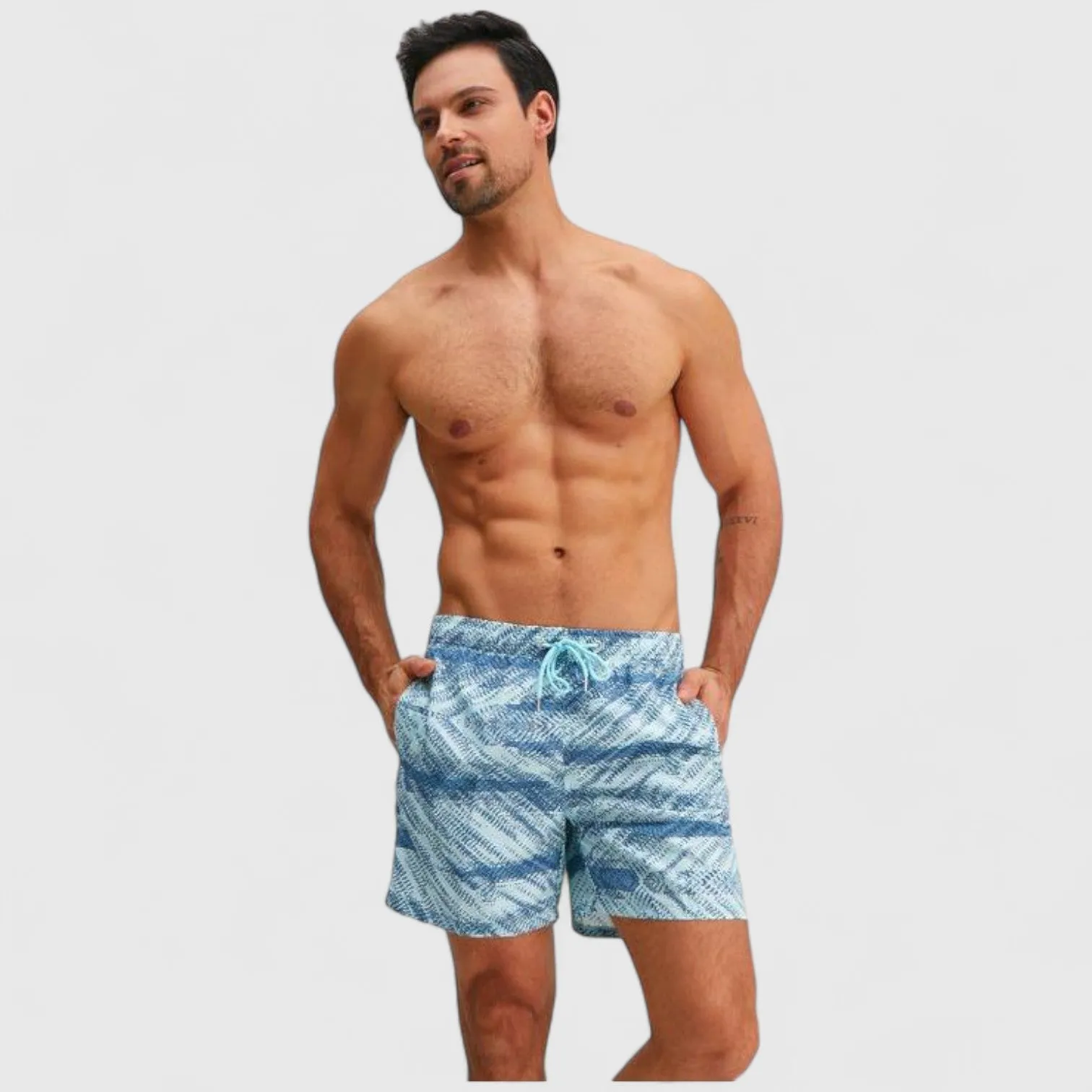 Anna-Kaci Men's Wave Stripe Print Swim Trunks with Drawstring Waist and Functional Pockets sold by Anna-Kaci product image thumbnail 2