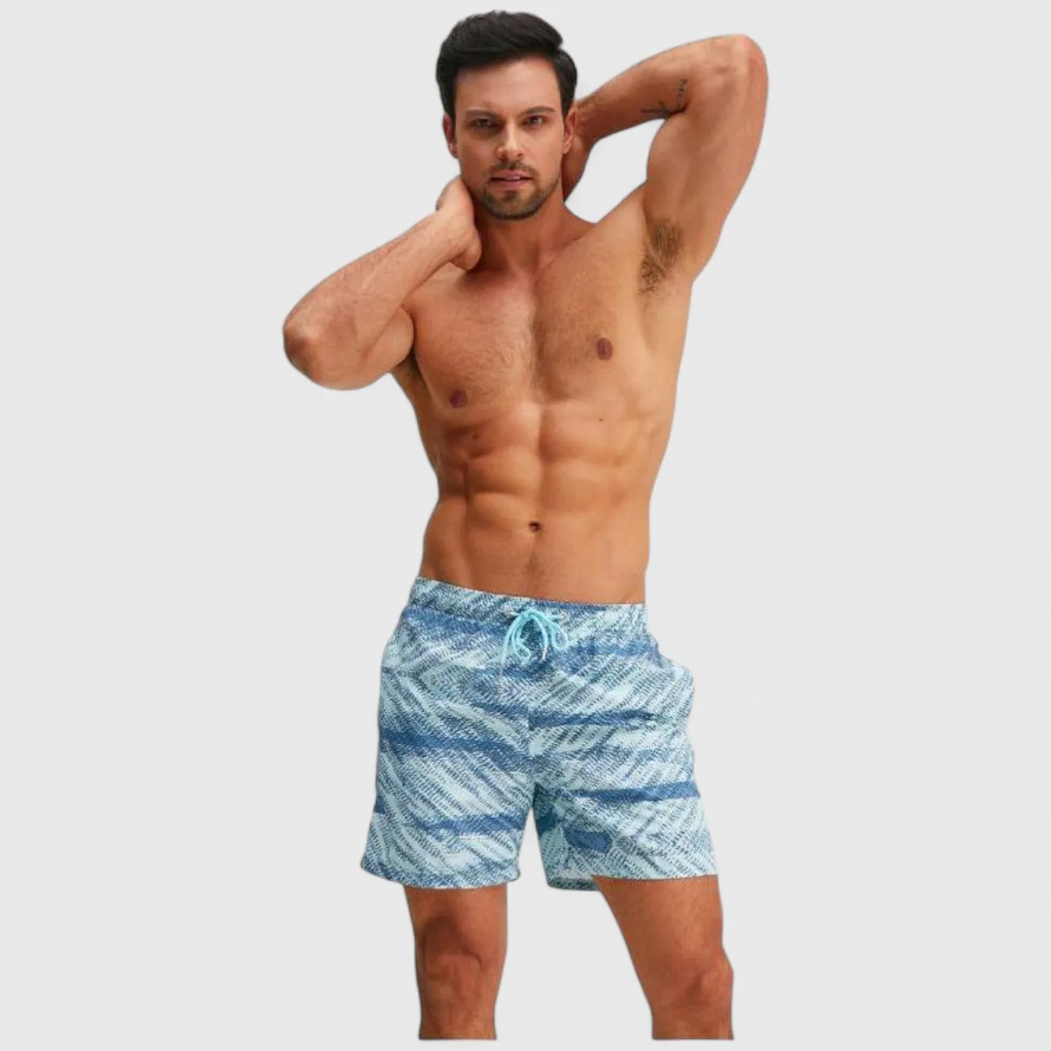 Anna-Kaci Men's Wave Stripe Print Swim Trunks with Drawstring Waist and Functional Pockets sold by Anna-Kaci product image thumbnail 3