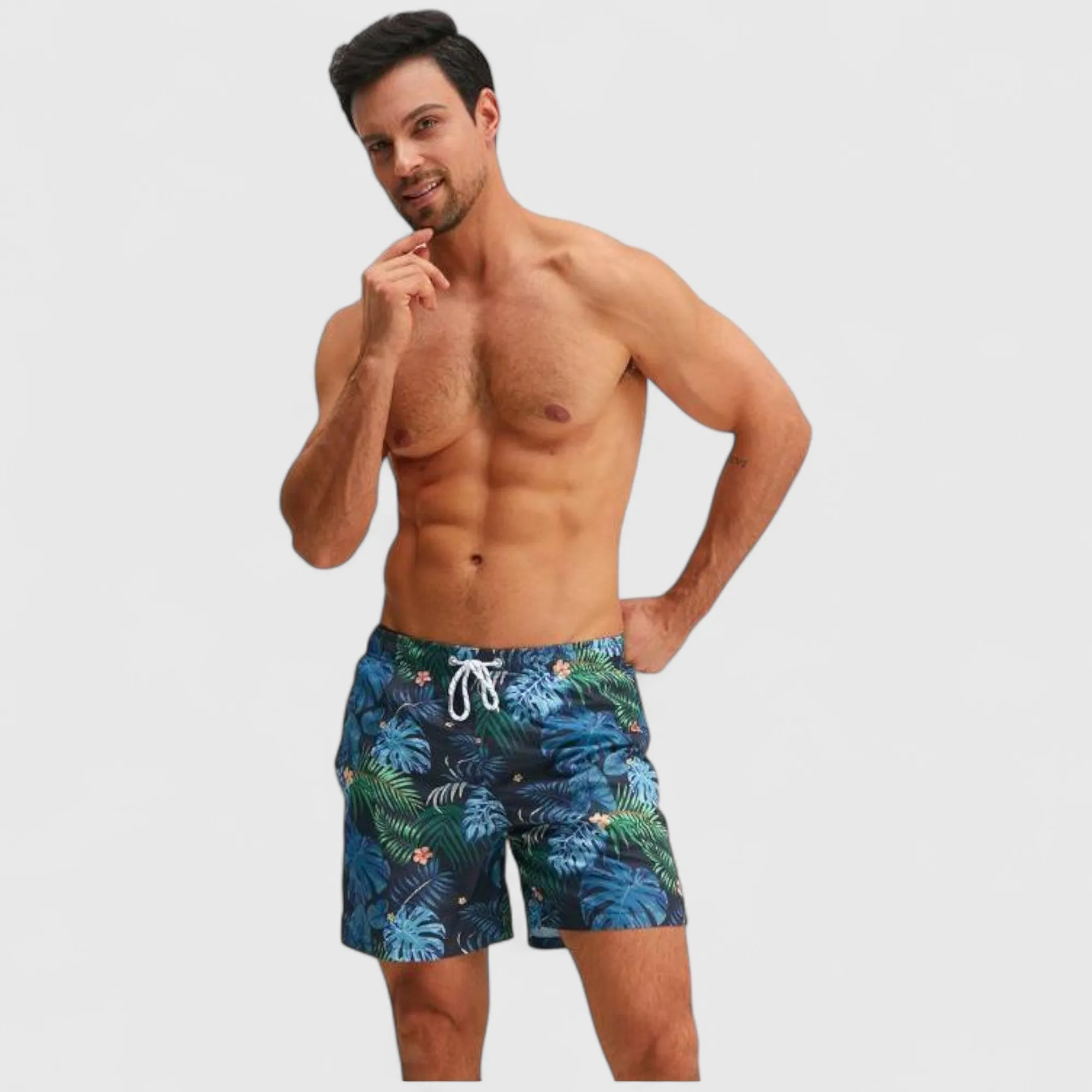 Anna-Kaci Men's Tropical Leaf Print Swim Trunks with Adjustable Drawstring and Side Pockets sold by Anna-Kaci product image thumbnail 5