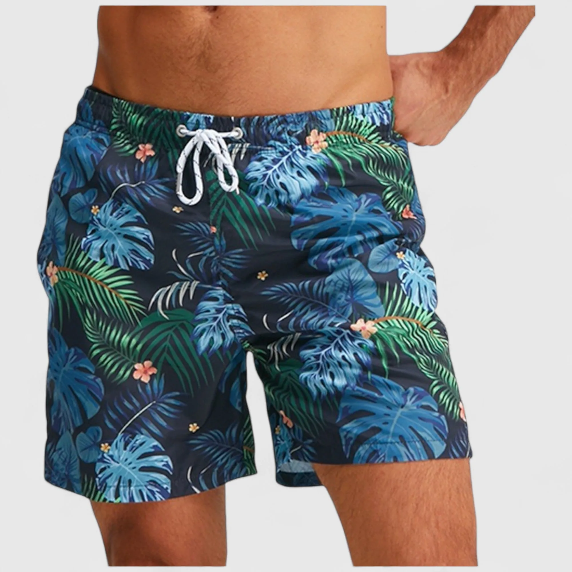 Anna-Kaci Men's Tropical Leaf Print Swim Trunks with Adjustable Drawstring and Side Pockets sold by Anna-Kaci product image thumbnail 2