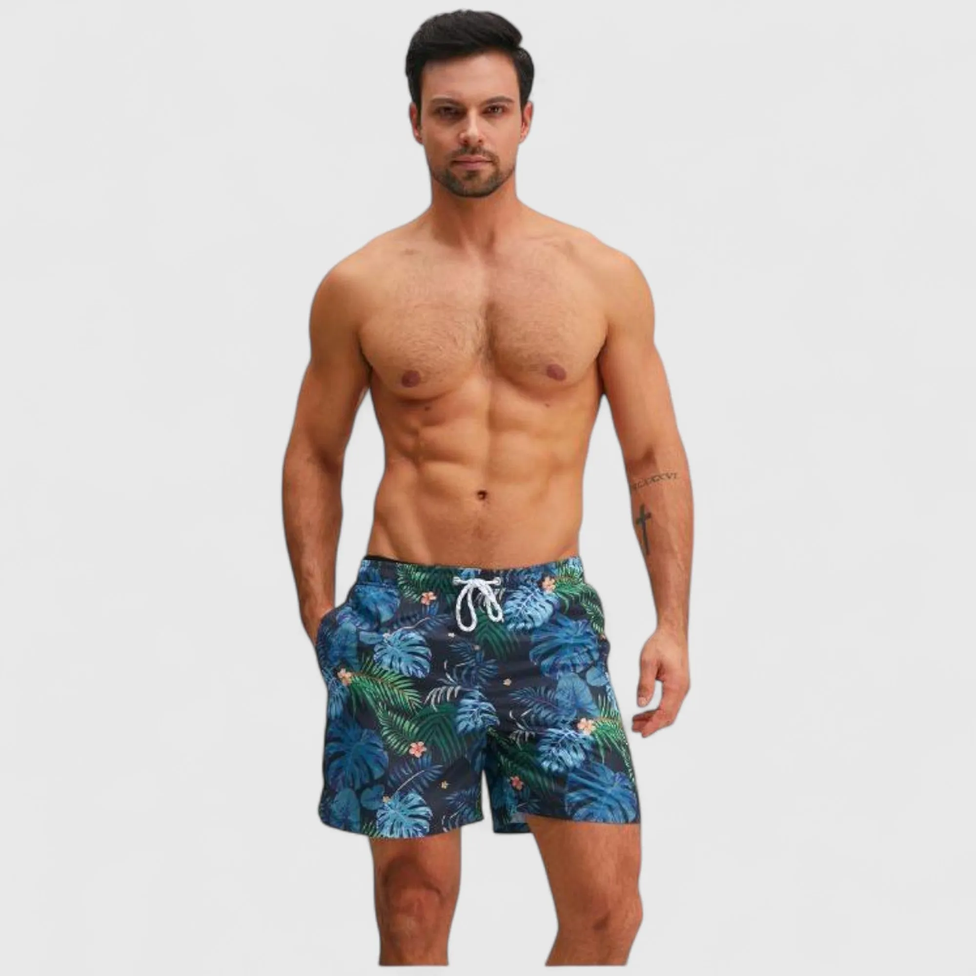 Anna-Kaci Men's Tropical Leaf Print Swim Trunks with Adjustable Drawstring and Side Pockets sold by Anna-Kaci product image thumbnail 4