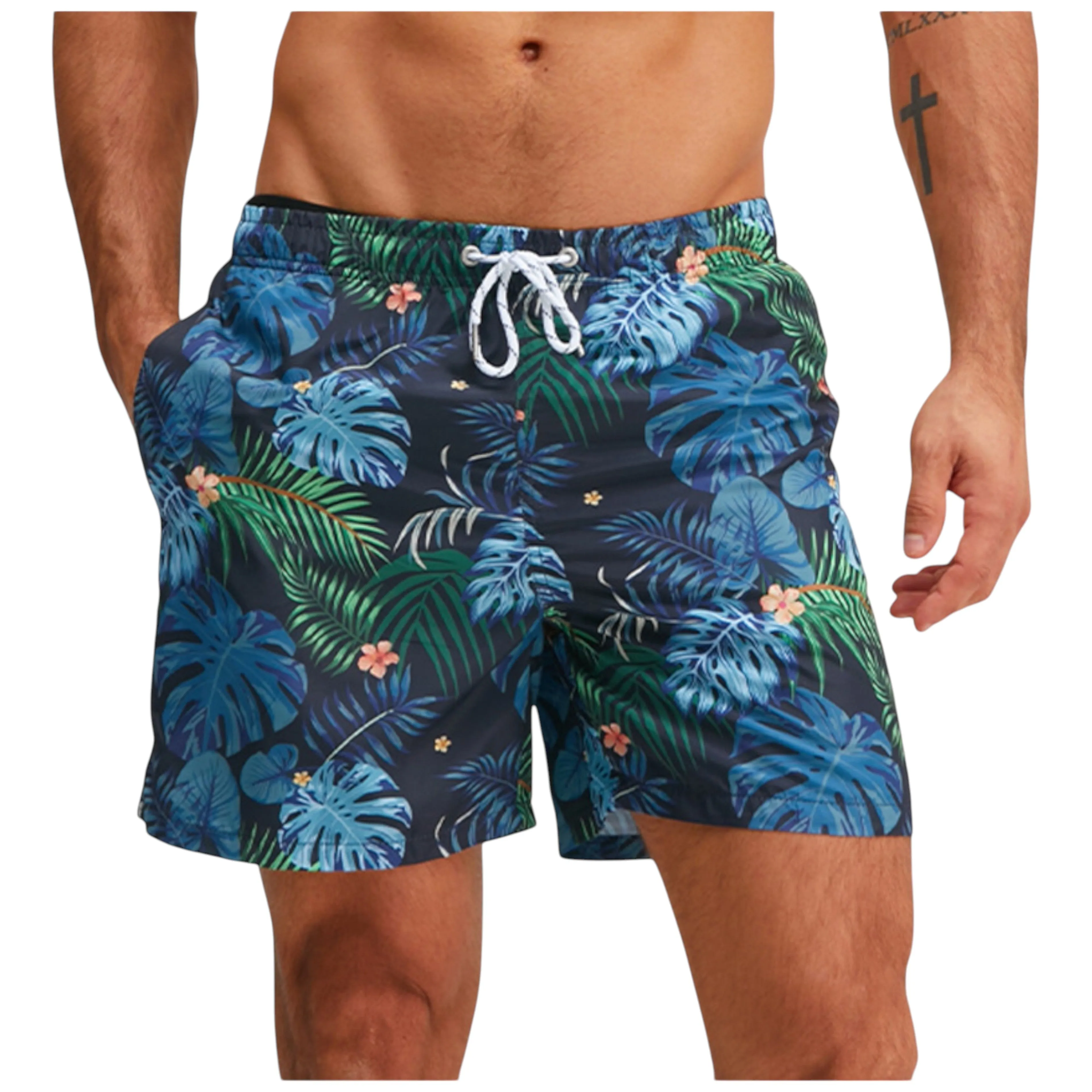Anna-Kaci Men's Tropical Leaf Print Swim Trunks with Adjustable Drawstring and Side Pockets sold by Anna-Kaci