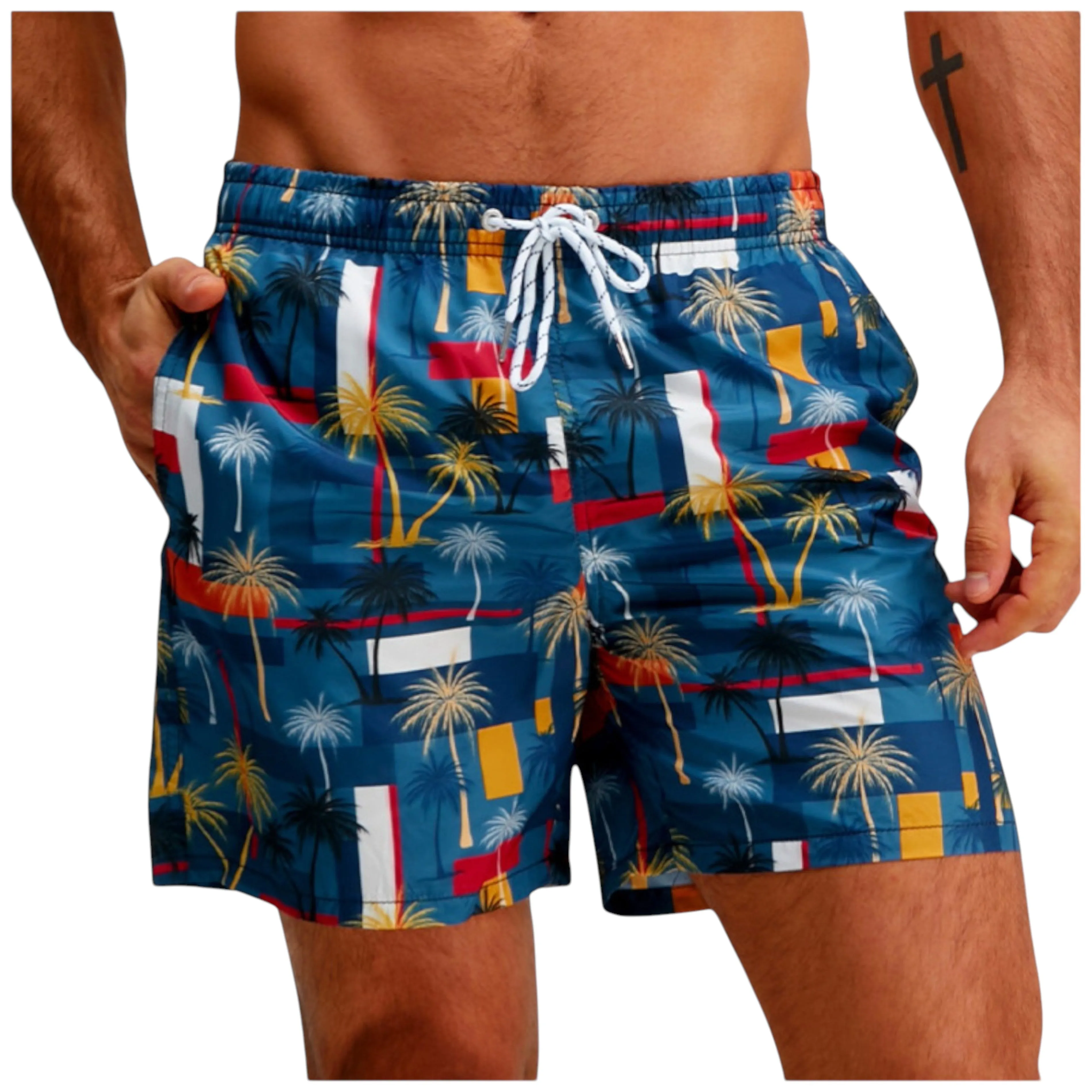 Anna-Kaci Men's Elastic Waist Swim Trunks with Colorblock Palm Tree Print and Adjustable Drawstring sold by Anna-Kaci