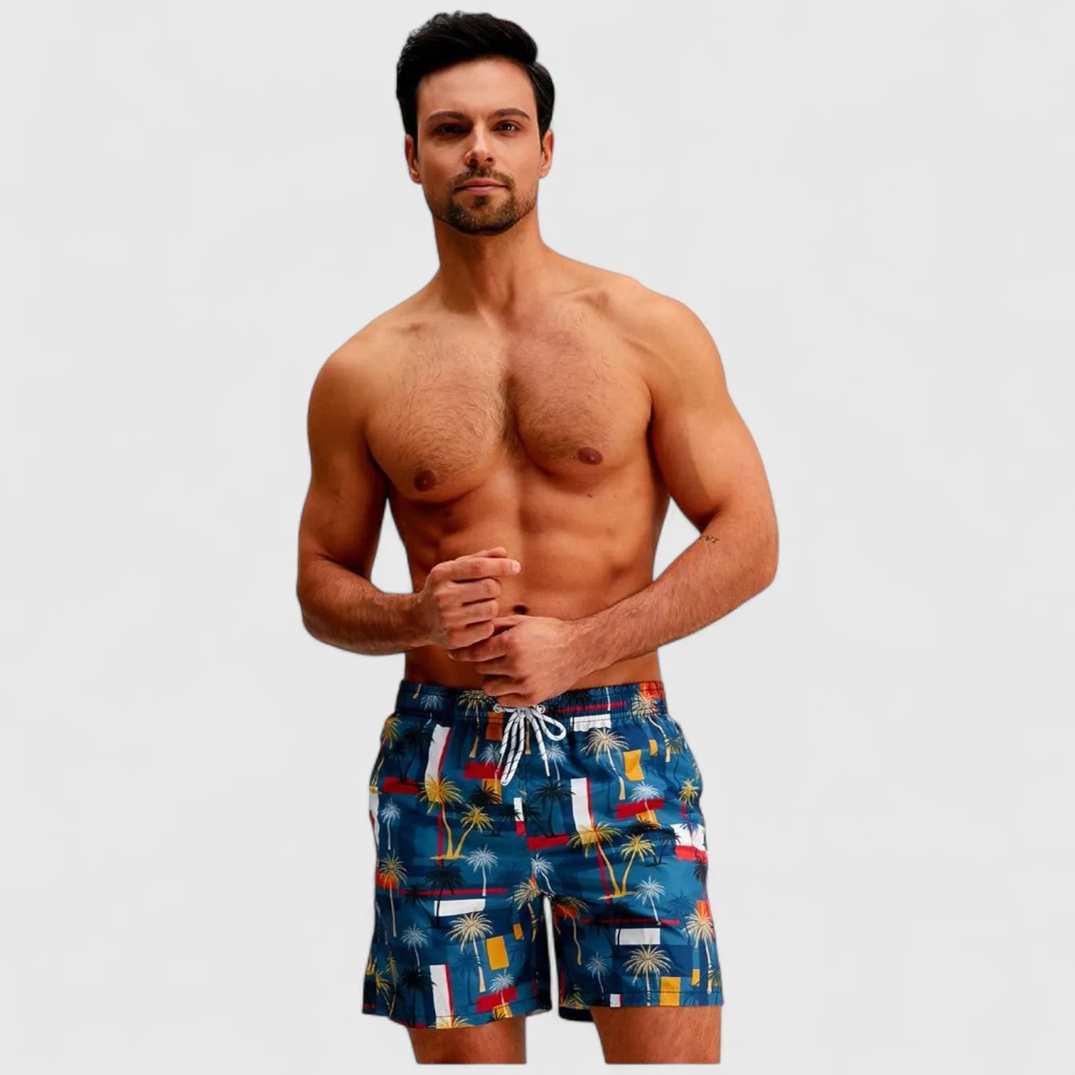 Anna-Kaci Men's Elastic Waist Swim Trunks with Colorblock Palm Tree Print and Adjustable Drawstring sold by Anna-Kaci product image thumbnail 2