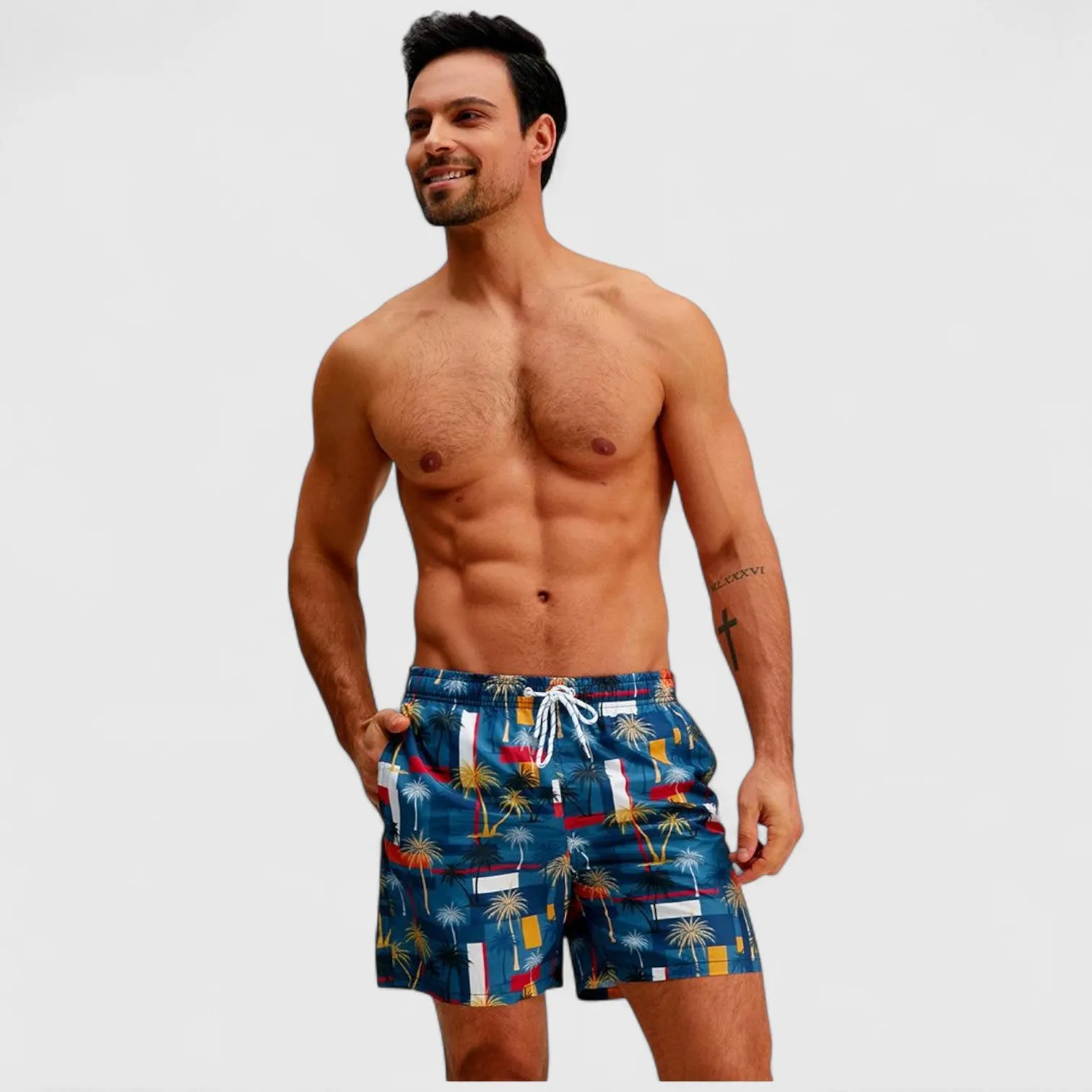 Anna-Kaci Men's Elastic Waist Swim Trunks with Colorblock Palm Tree Print and Adjustable Drawstring sold by Anna-Kaci product image thumbnail 3