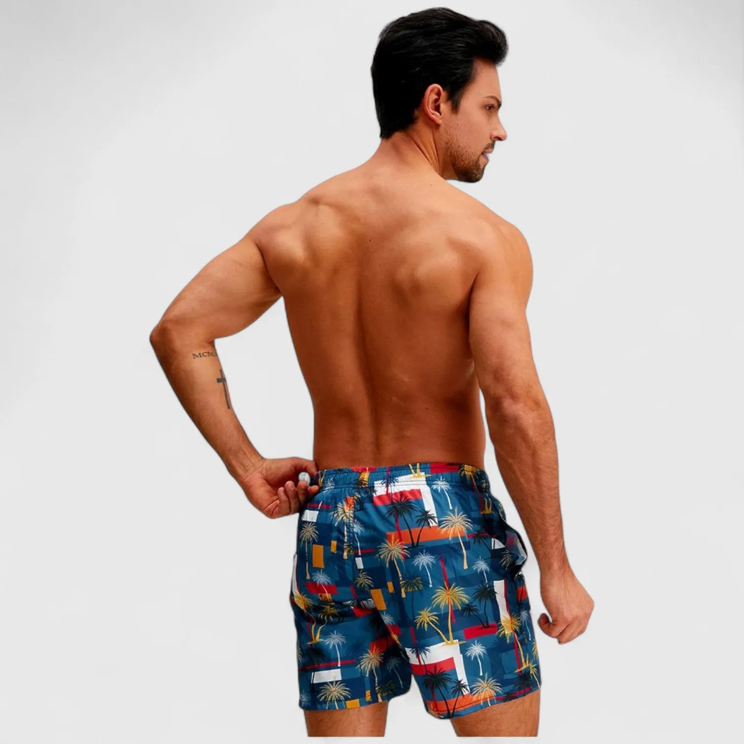 Anna-Kaci Men's Elastic Waist Swim Trunks with Colorblock Palm Tree Print and Adjustable Drawstring sold by Anna-Kaci product image thumbnail 4