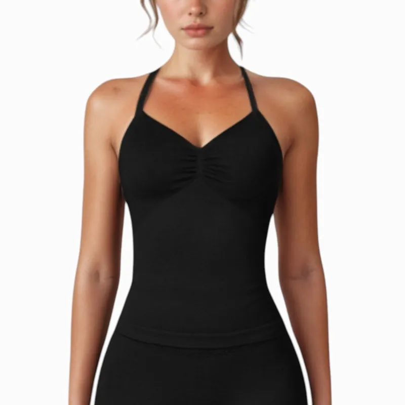 Anna-Kaci Active Women's Seamless Padded Cami Tank Top with Ruched Front Detail and Adjustable Halter Straps - Small, Gray sold by Anna-Kaci