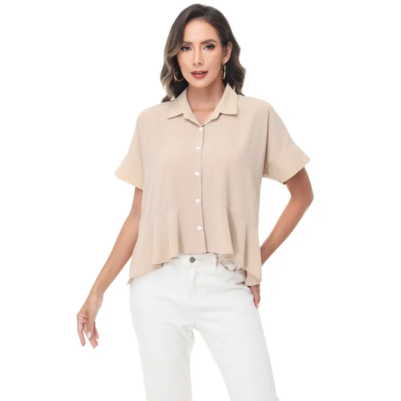 Anna-Kaci Women's Short Sleeve Button-Up Blouse with Peplum Hem and Classic Collar made by Anna-Kaci