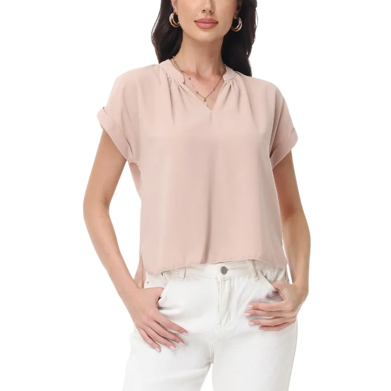 Anna-Kaci Women's Short Sleeve Blouse with Gathered V-Neckline and Rolled Cuffs sold by Anna-Kaci