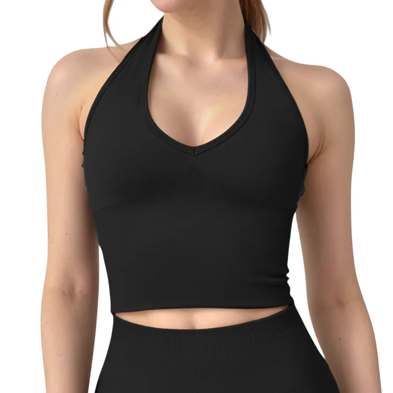 Anna-Kaci Active Women's Seamless Ribbed Knit Halter Crop Top with V-Neckline and Built-In Support sold by Anna-Kaci